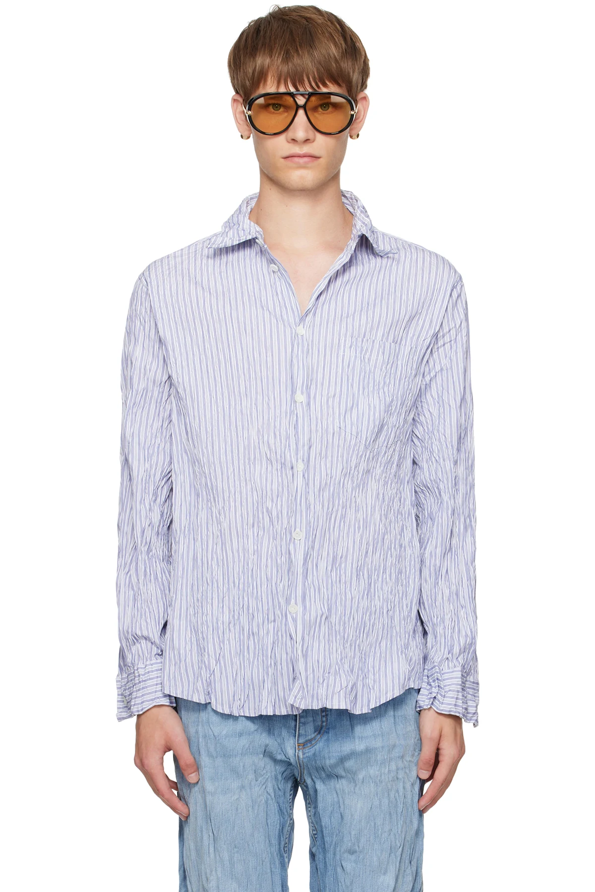 White & Navy Crushed Cotton Striped Shirt