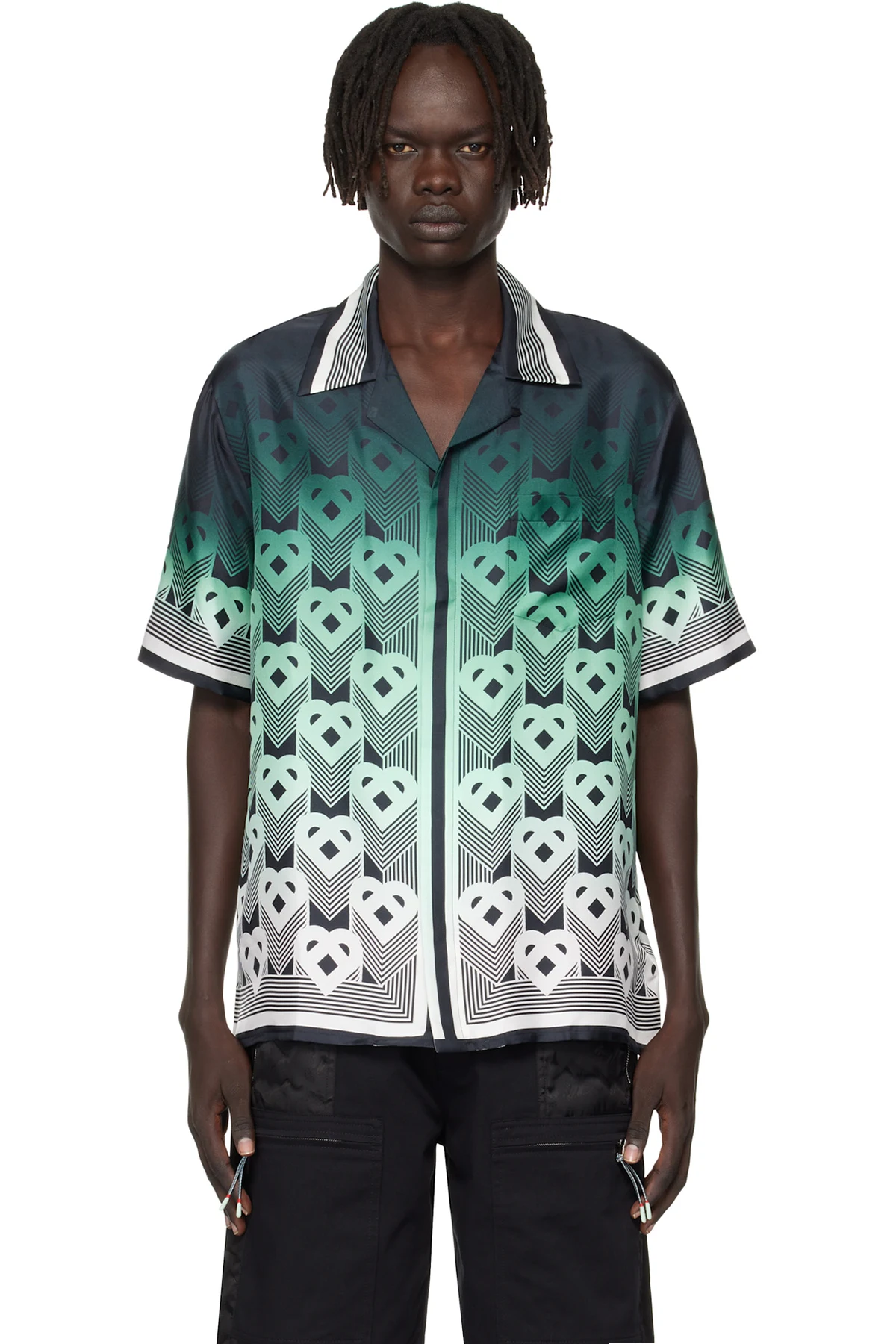 Green & Black Gradient Monogram Short Sleeve Silk Shirt