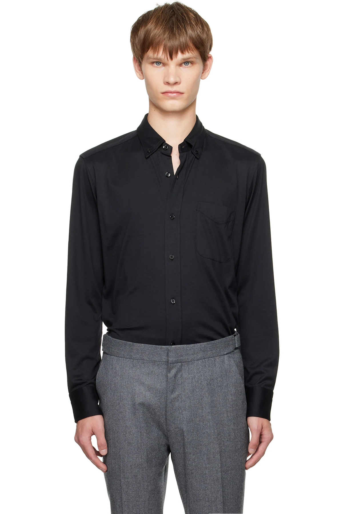 Black Silk Cotton Blend Button Down Shirt