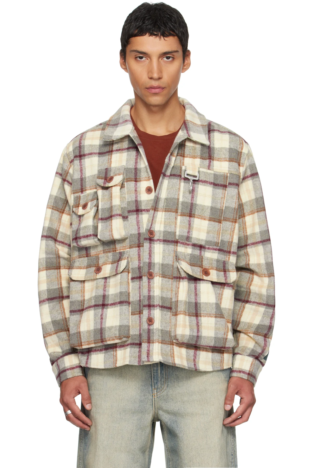 Gray & Beige Milled Flannel Cargo Button Down Shirt