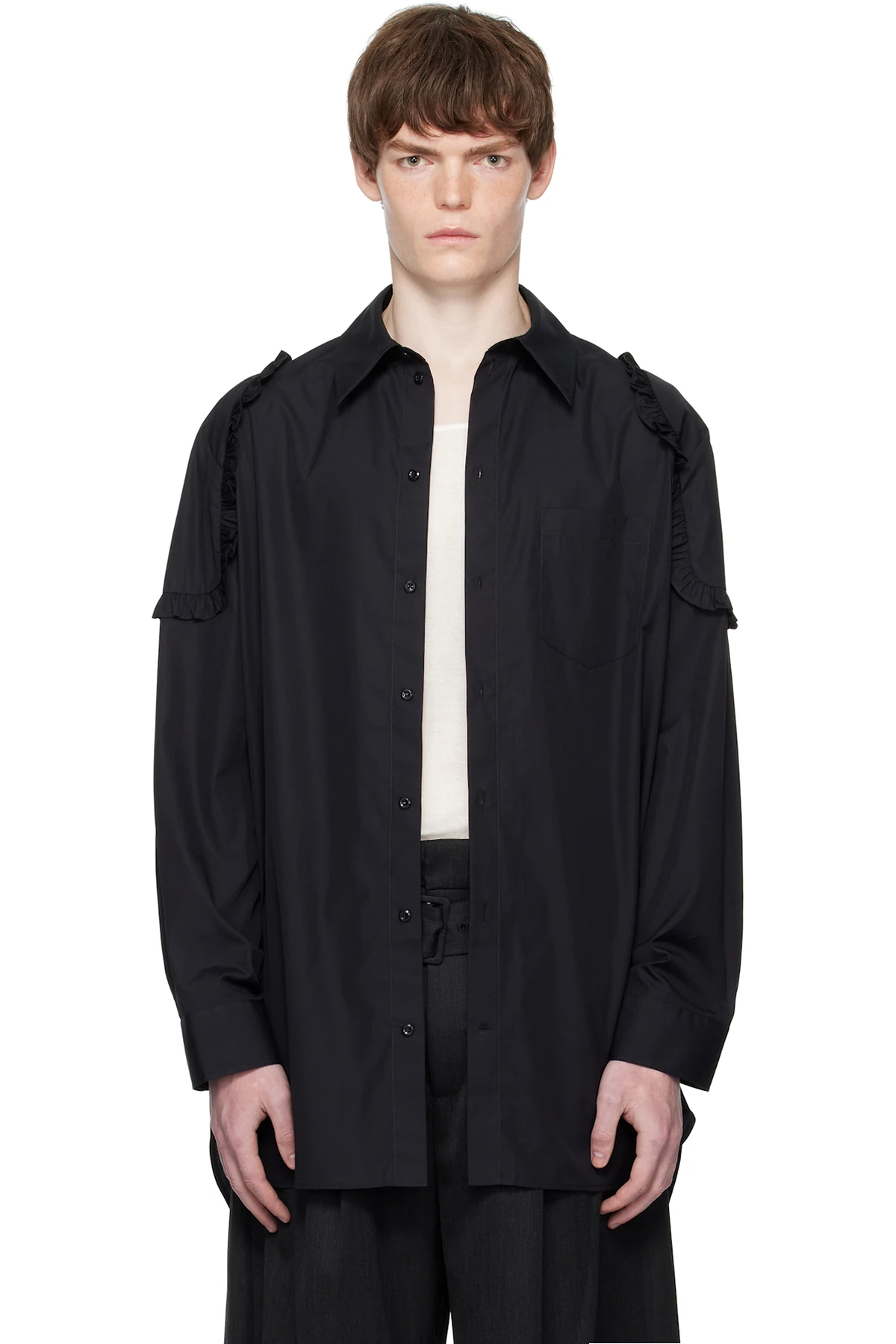 Black Ruffle Shoulder Patch Tunic Shirt