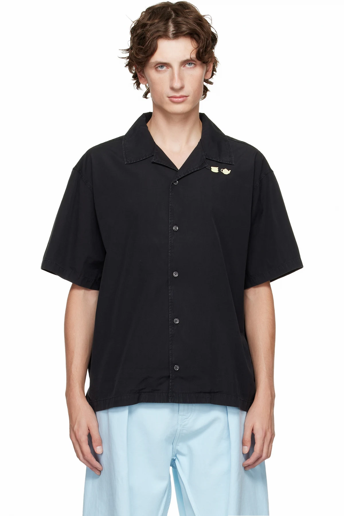 Black Contrast Embroidery Short Sleeve Shirt