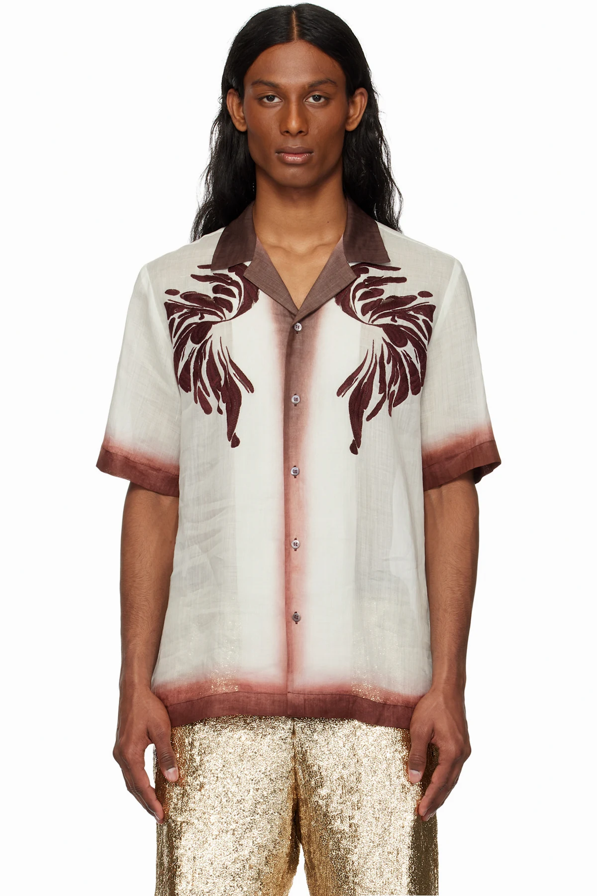 Off-White & Burgundy Embroidered Shirt