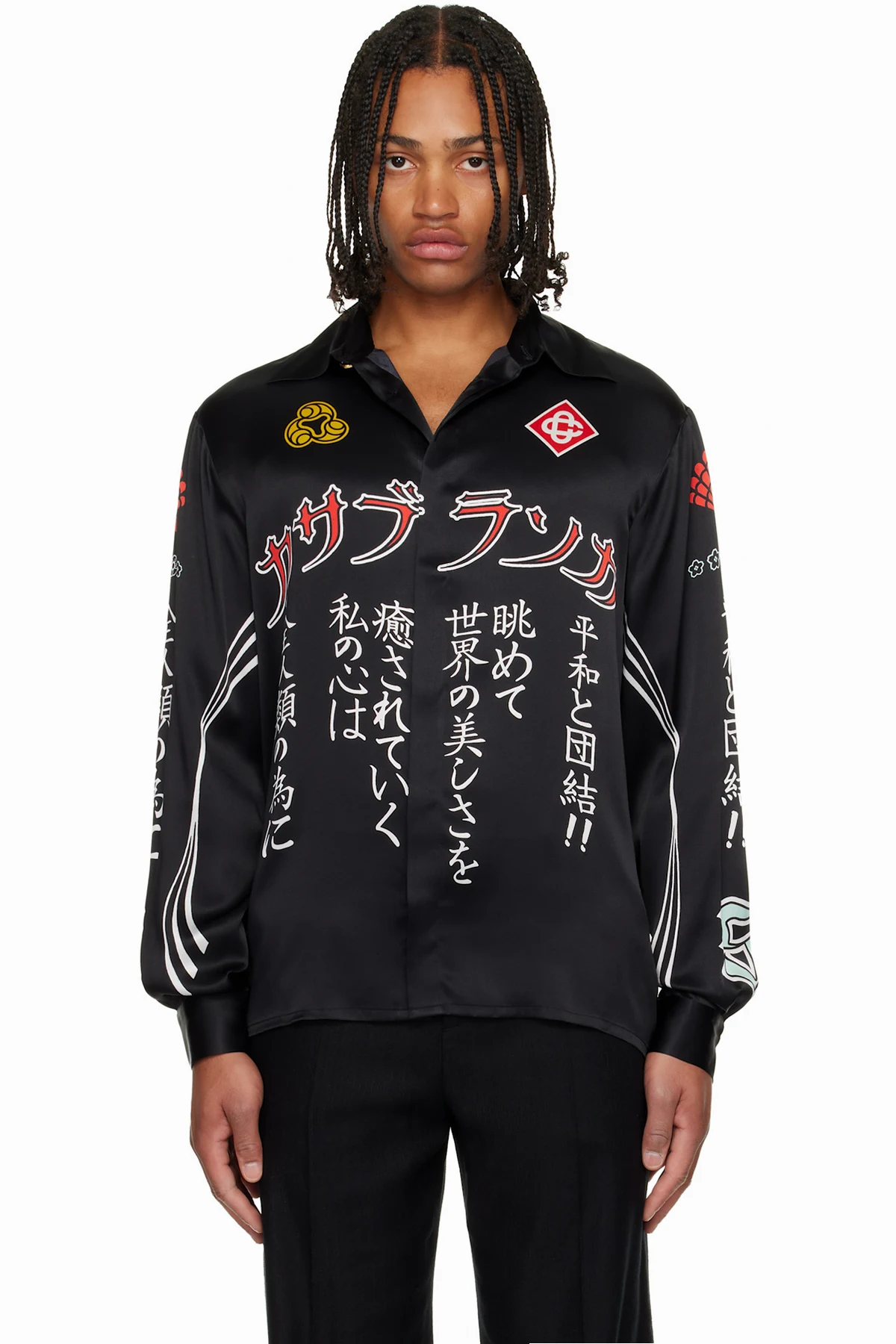 Black Emblem Long Sleeve Silk Satin Shirt