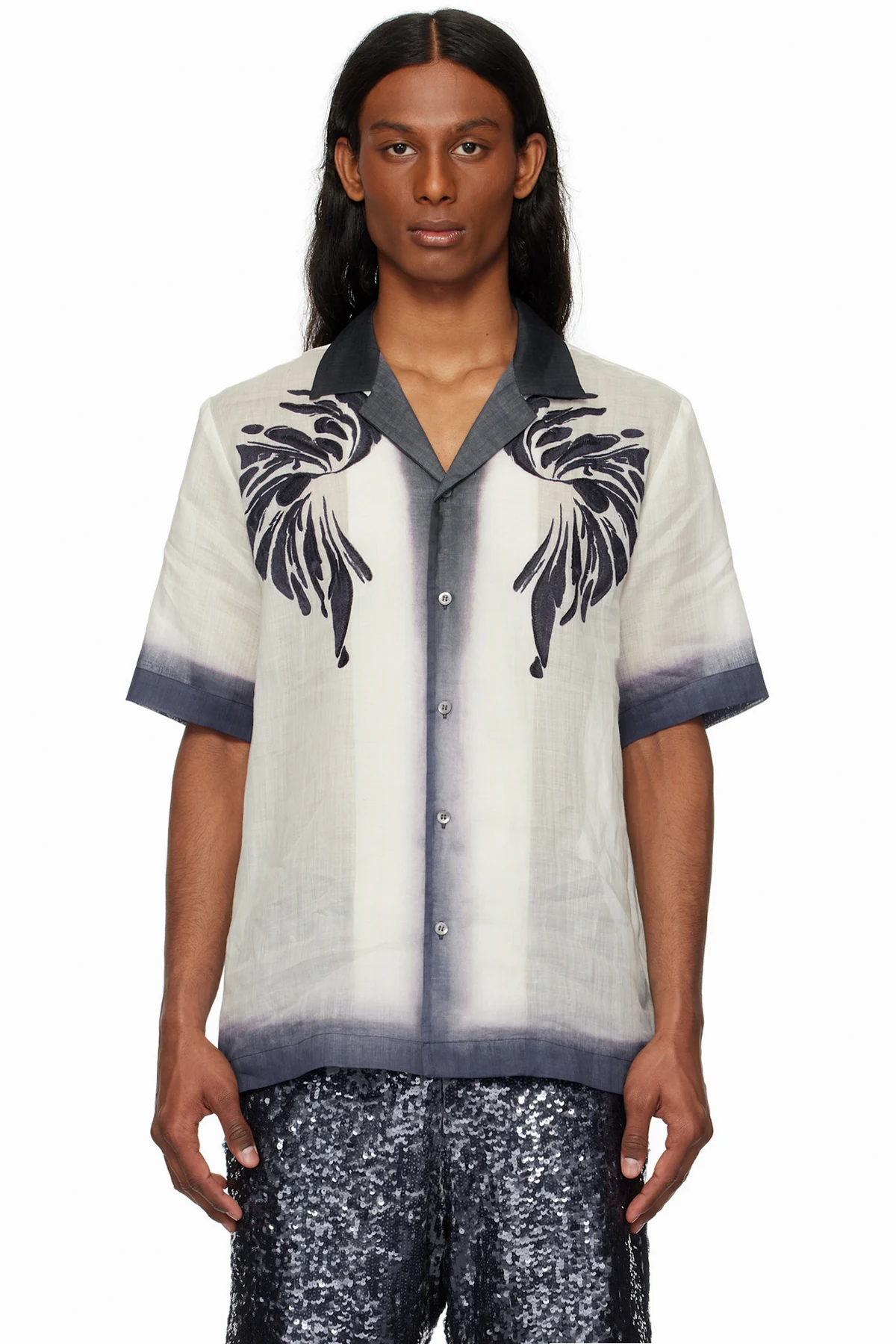 Off-White & Navy Embroidered Shirt