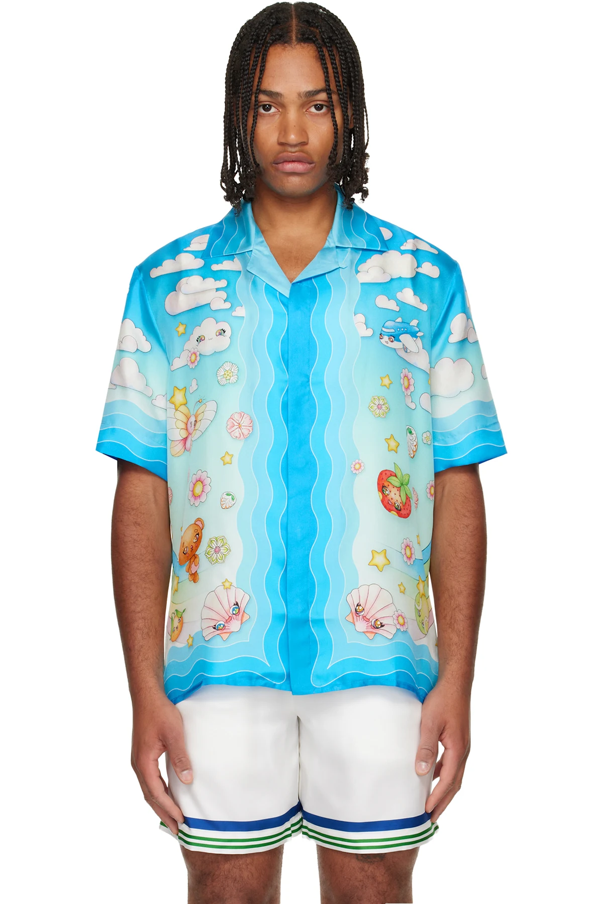 Blue Kawaii Motif Short Sleeve Silk Twill Shirt