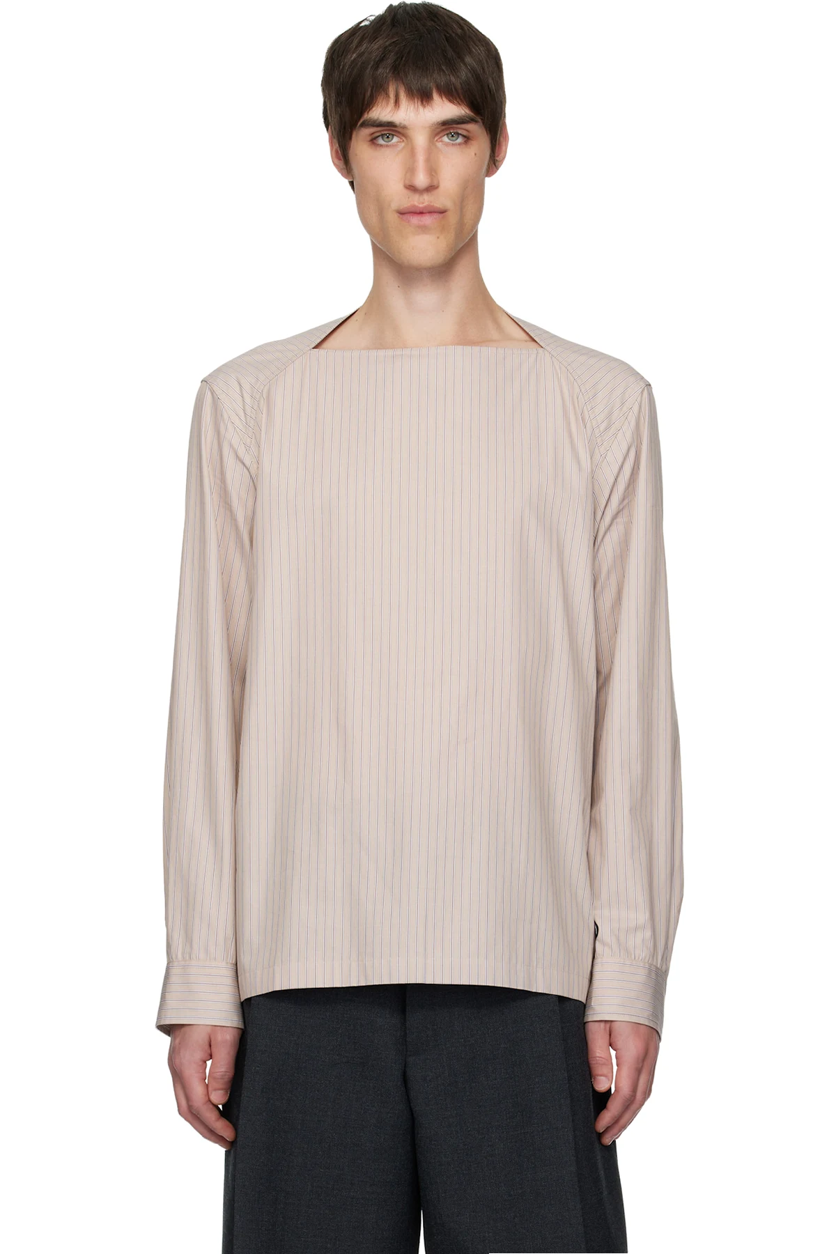 Beige Boat Neck Cotton Shirt