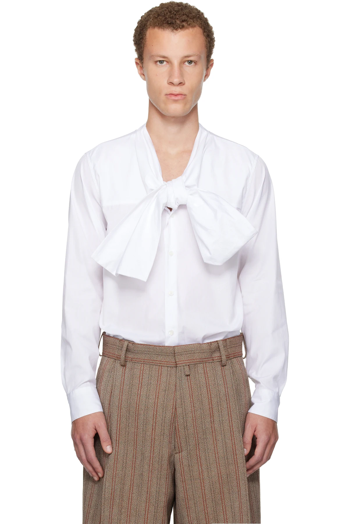 White Bow Neck Cotton Shirt