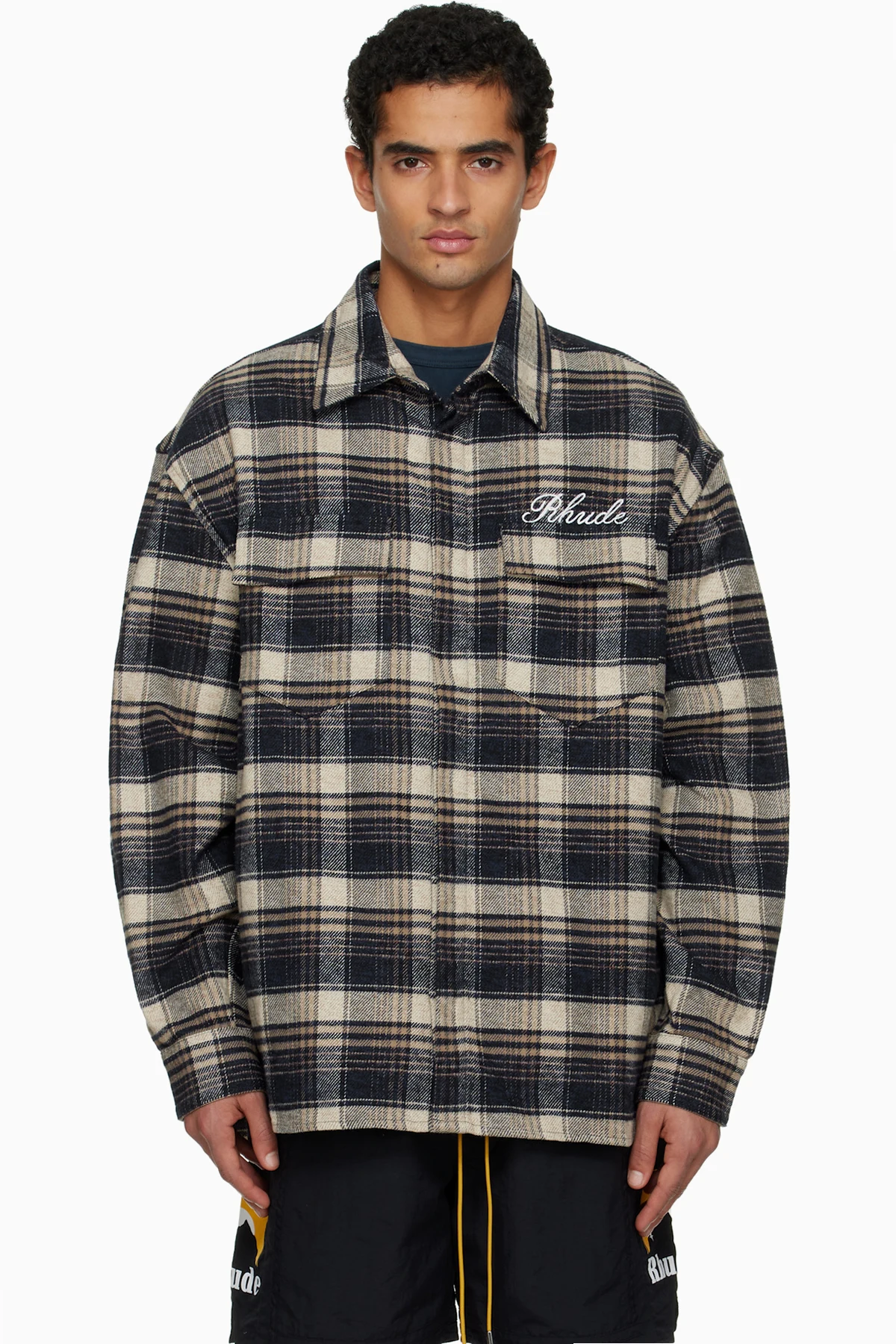 Navy & Beige 'Rhude' Script Flannel Shirt