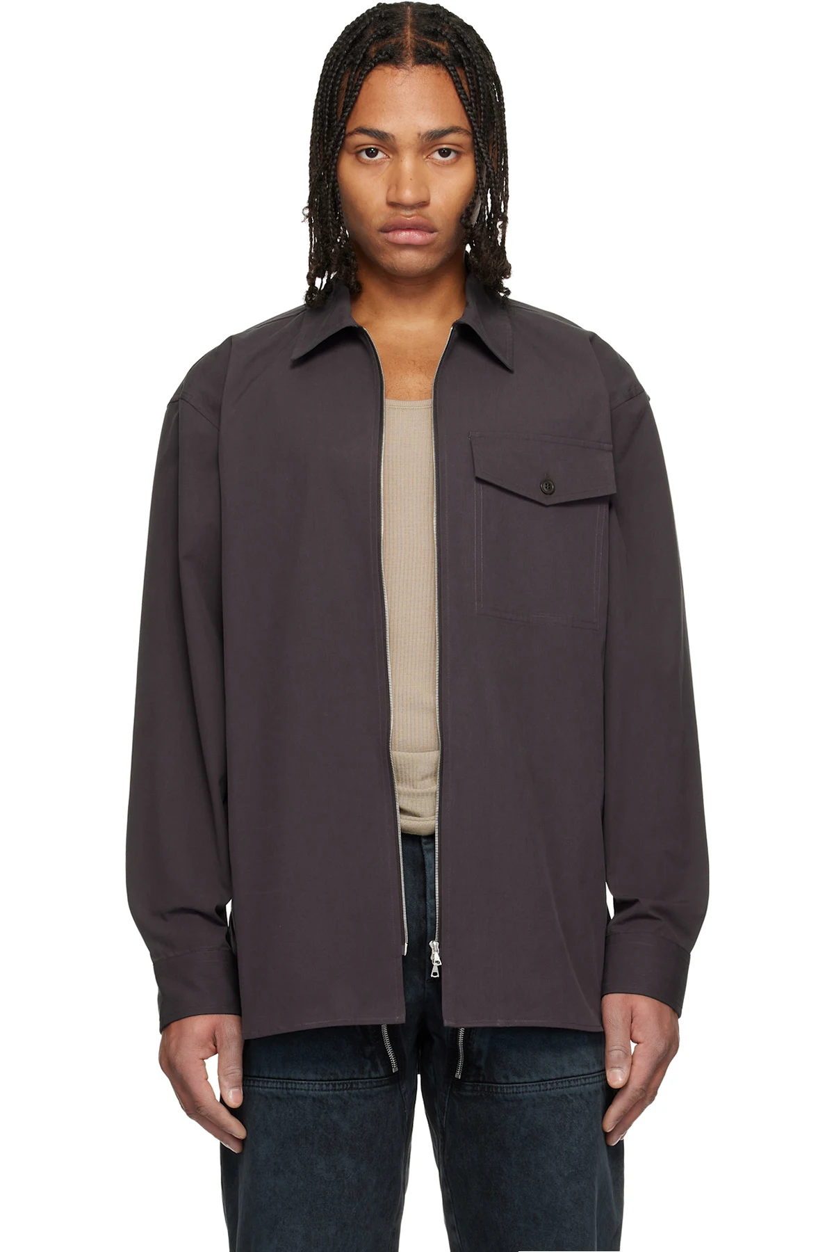 Brown Cotton Zipped Shirt