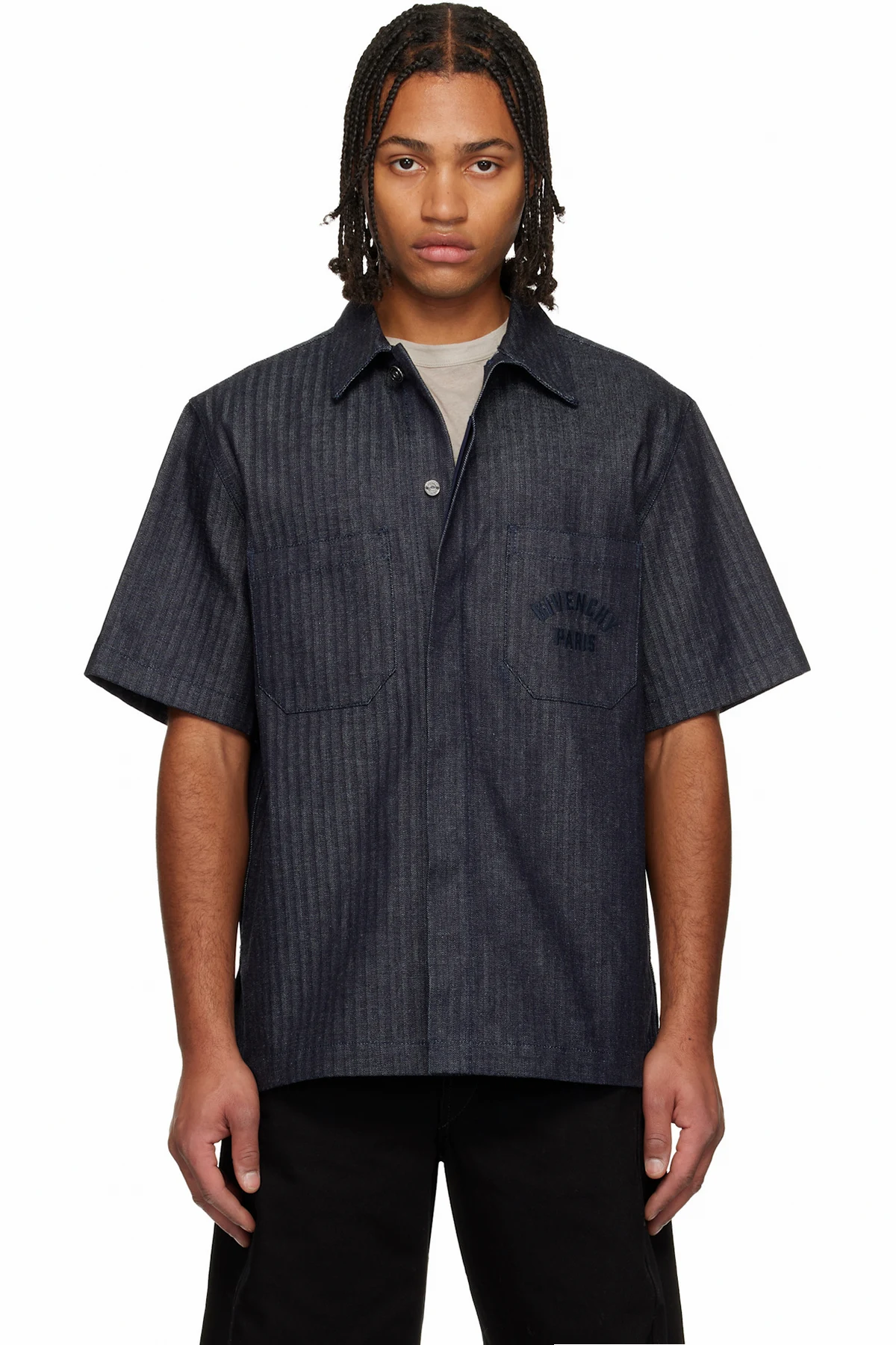 Navy Herringbone Denim Shirt