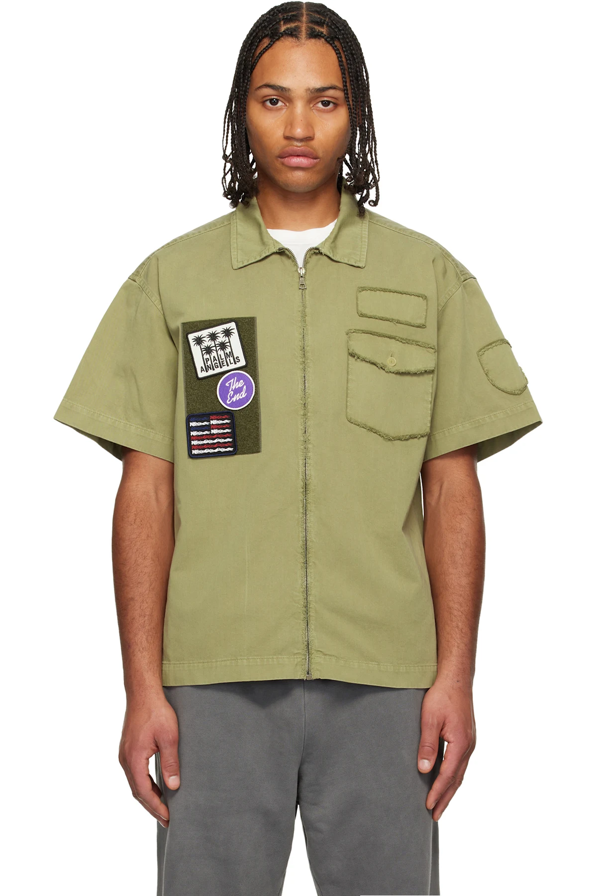 Khaki Military Patch Zipped Shirt