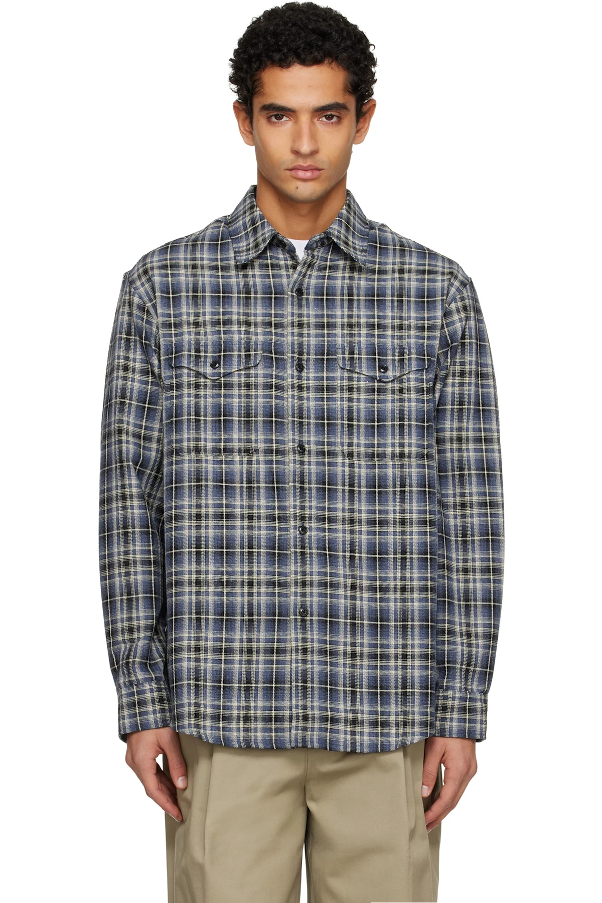 Navy Checked Cotton Double Pocket Shirt