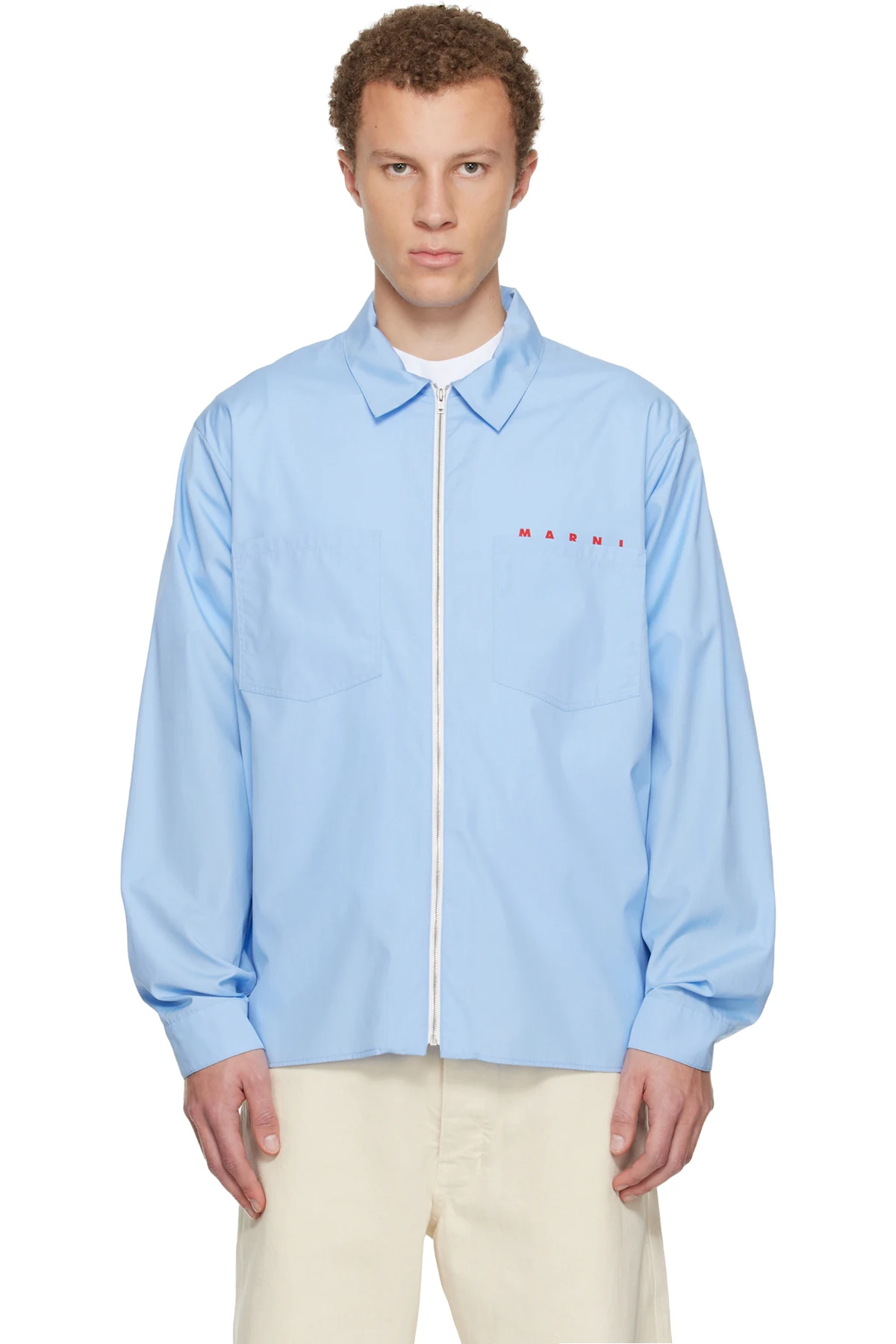 Blue Hidden Logo Organic Poplin Zip Shirt