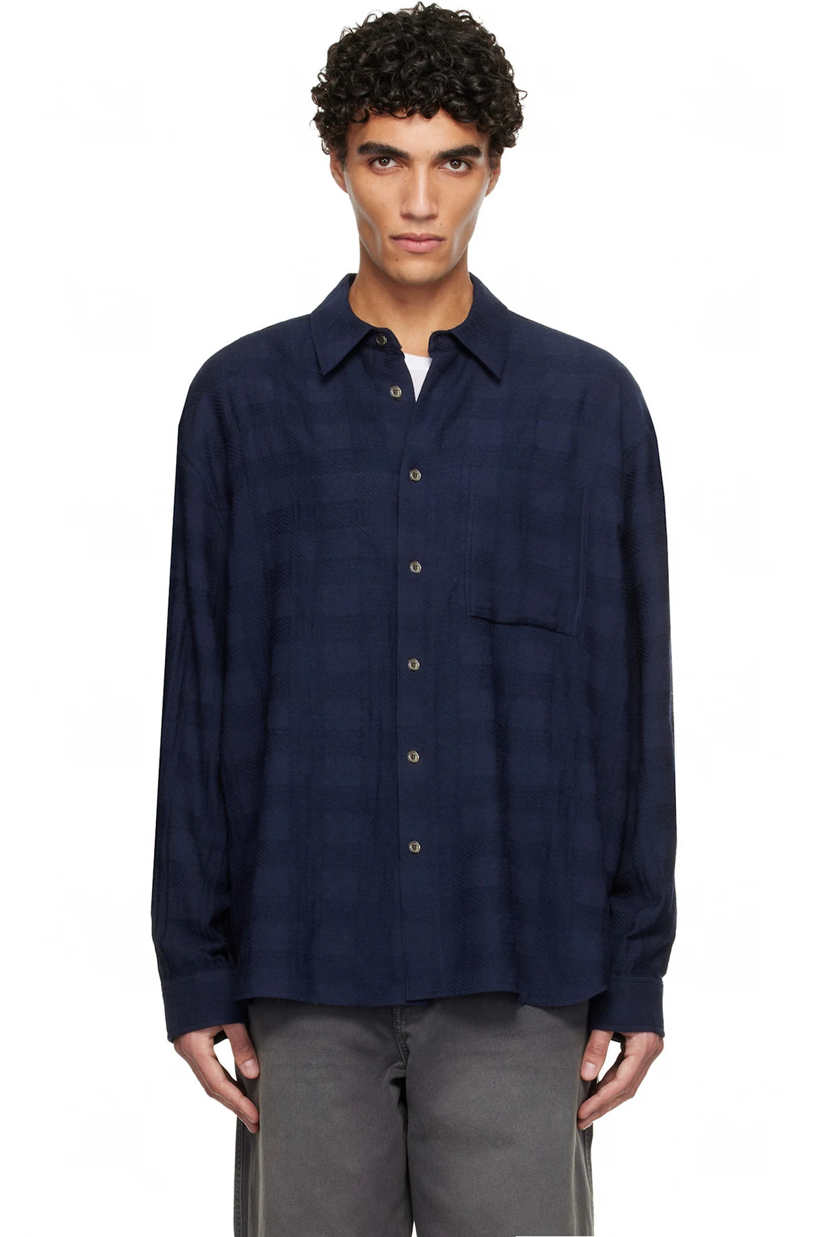 Navy Oversized Crinkle Check Shirt