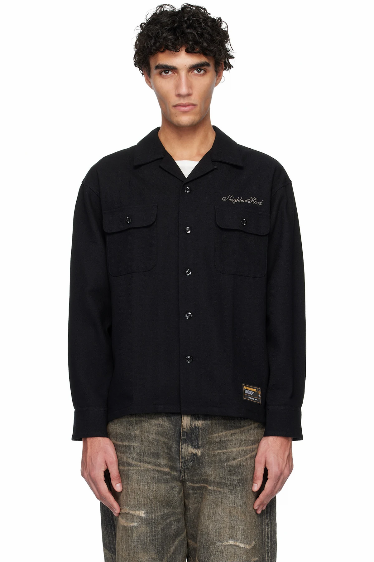 Black Herringbone Open Collar Shirt