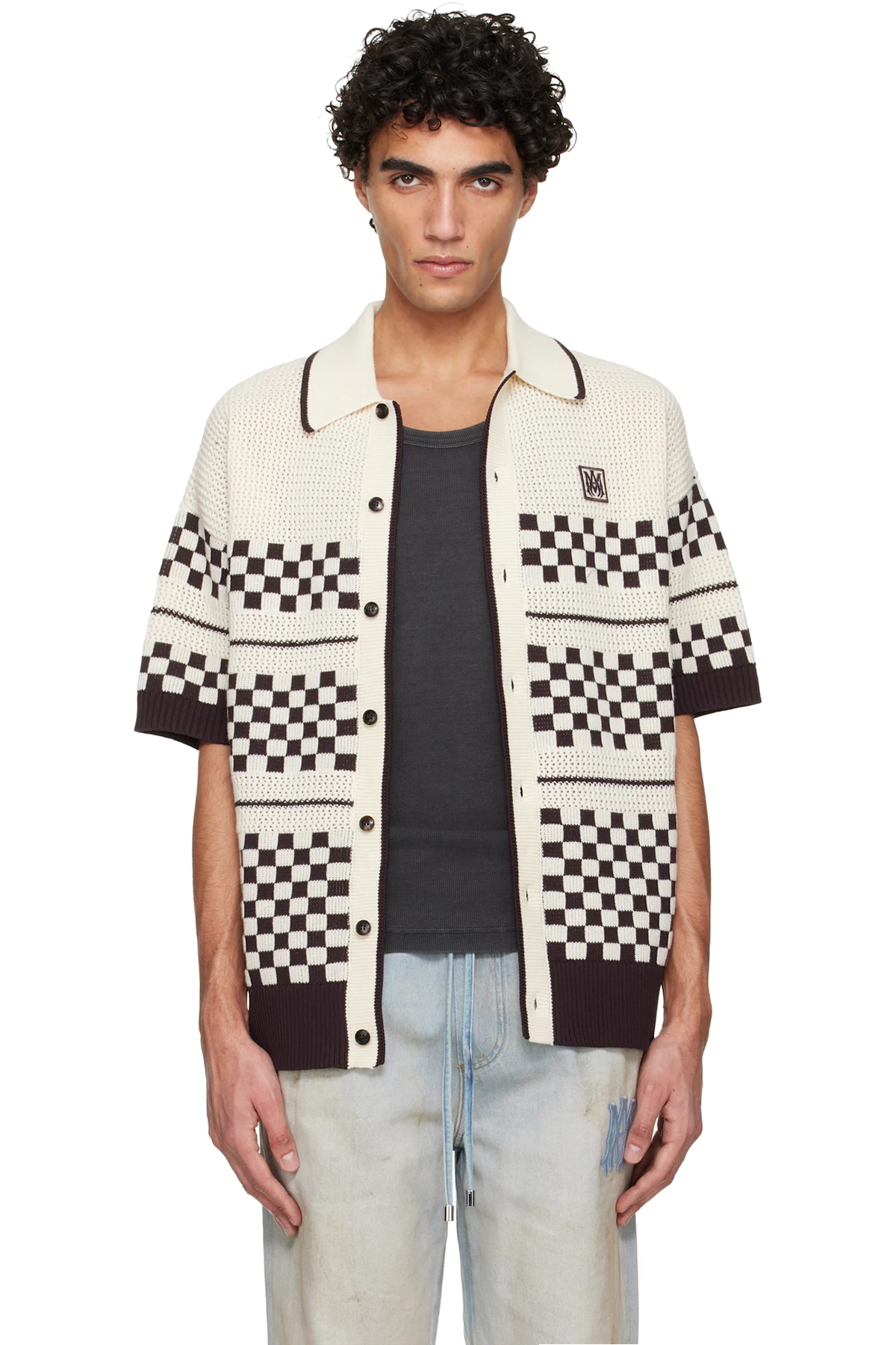 Off-White & Brown Checkered Mesh Shirt