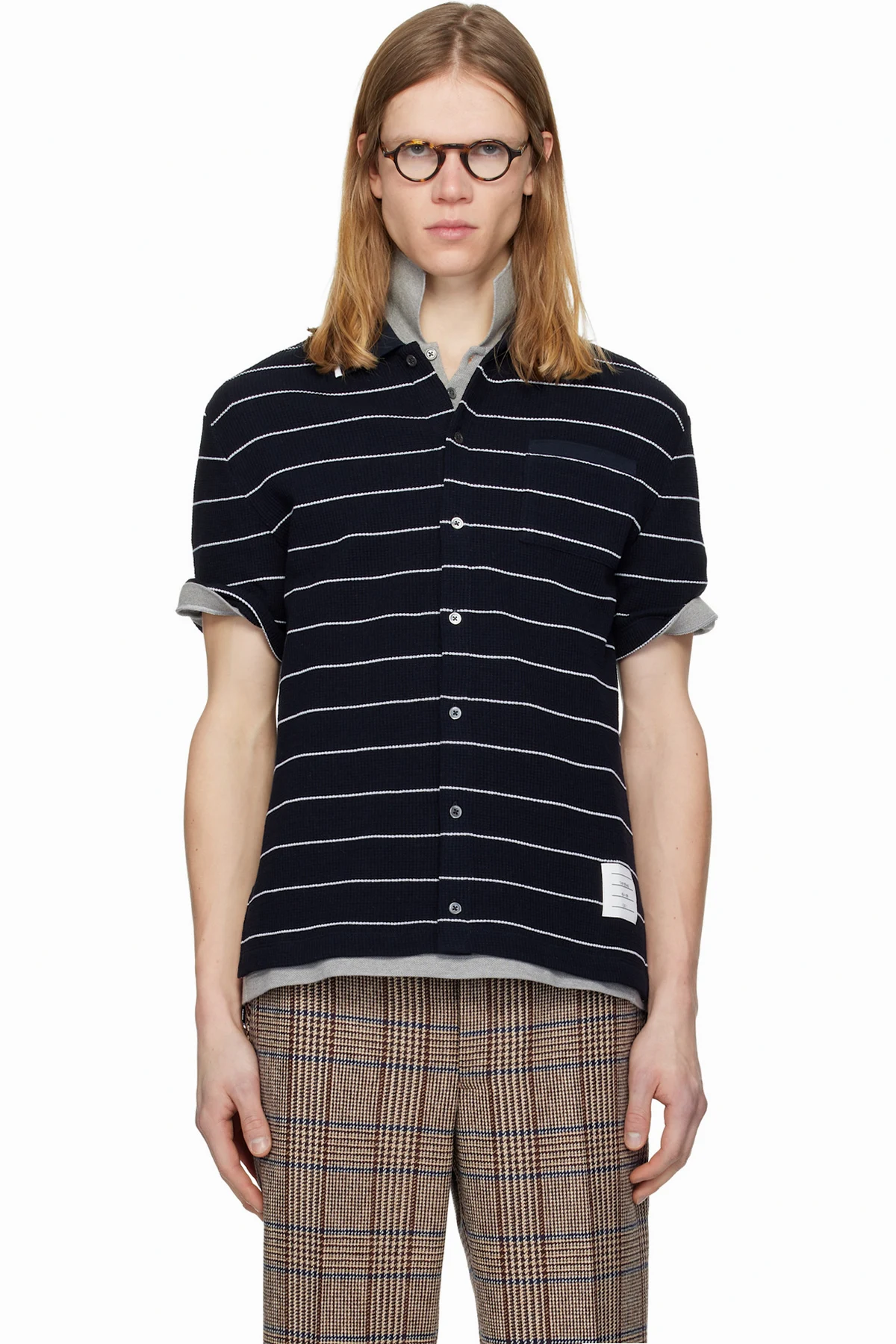 Navy Textured Stripe Short Sleeve Shirt