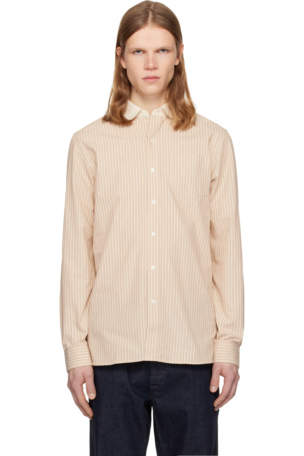 Beige Slim Fit Striped Dobby Shirt