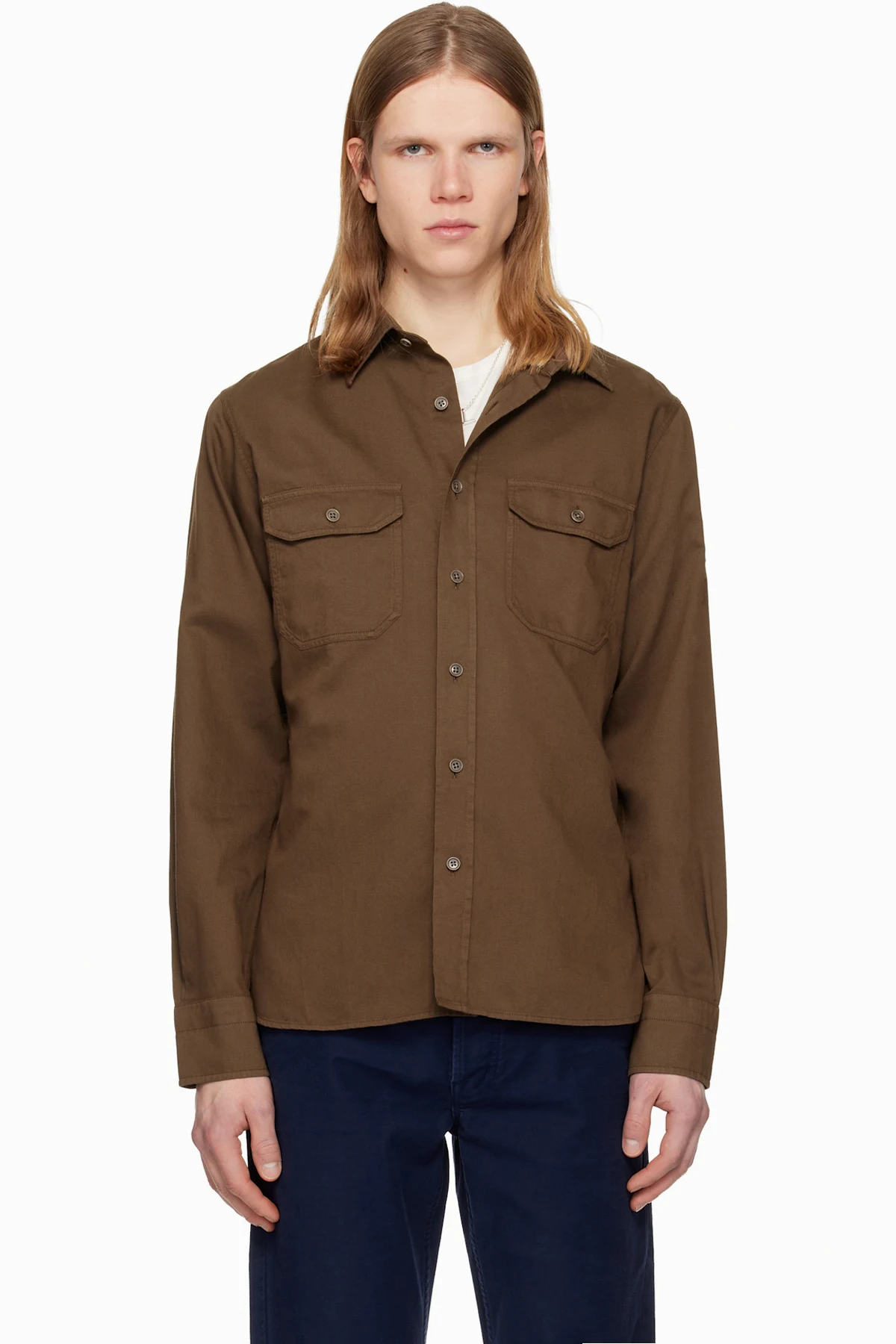 Brown Cotton Linen Drill Military Shirt
