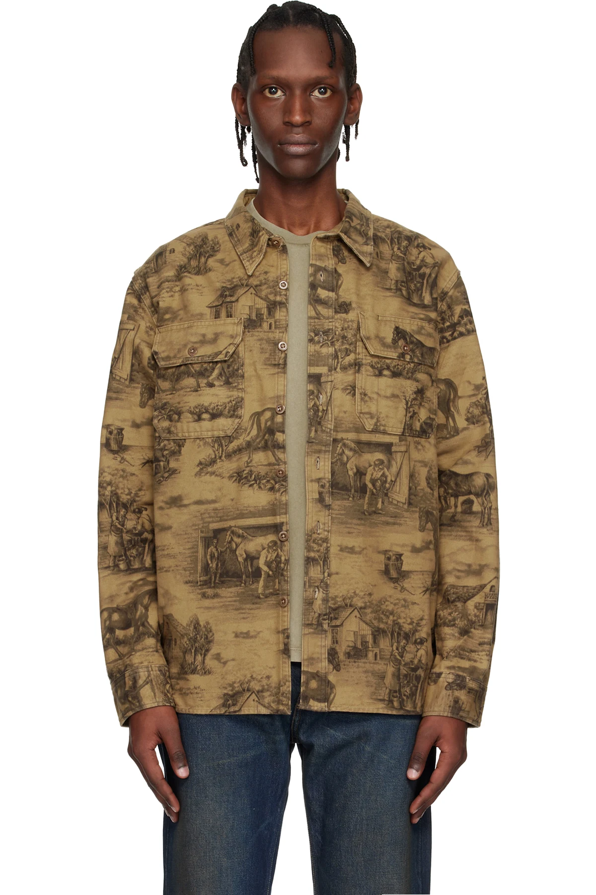 Brown Printed Denim Shirt