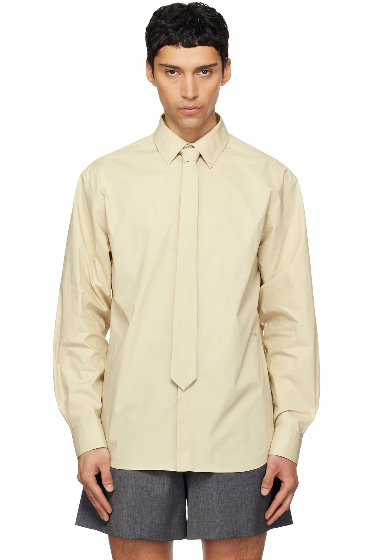 Beige Solid Tie Shirt