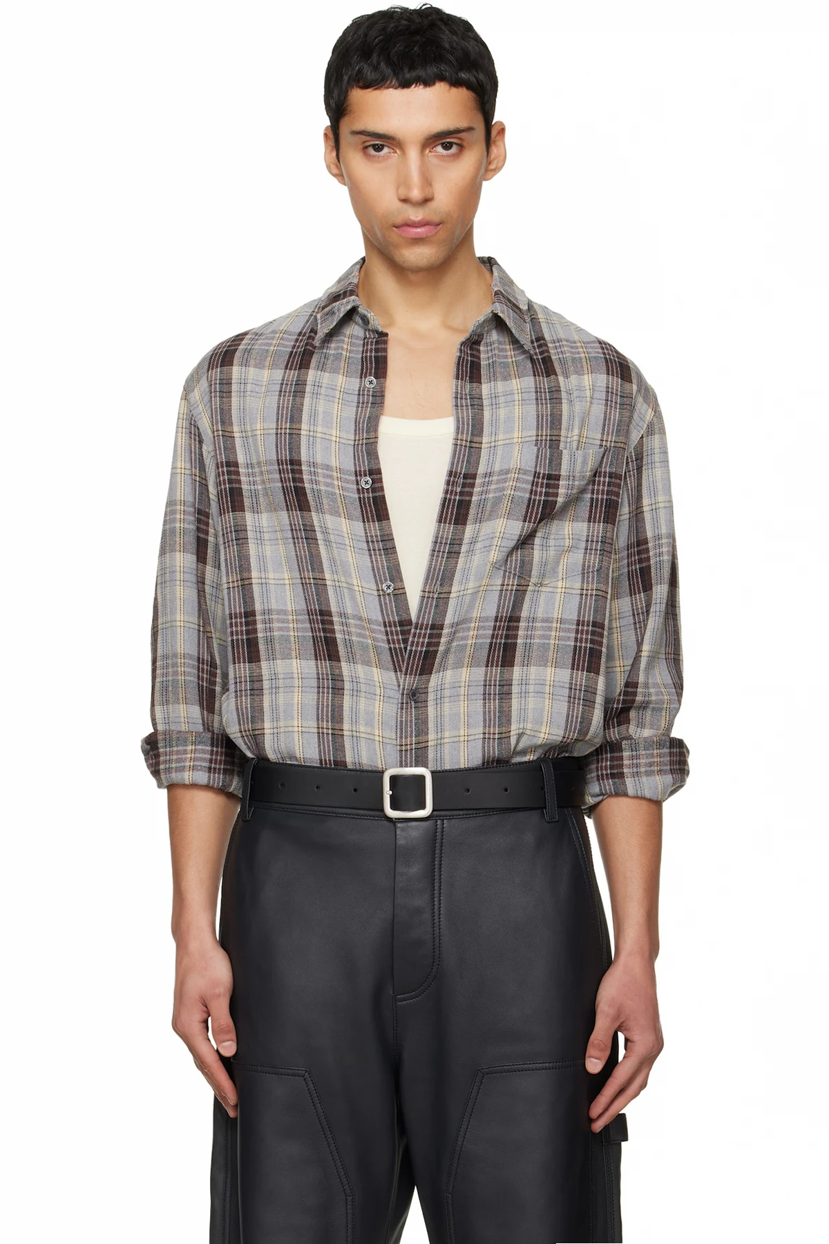 Gray Washed Cotton Blend Check Shirt