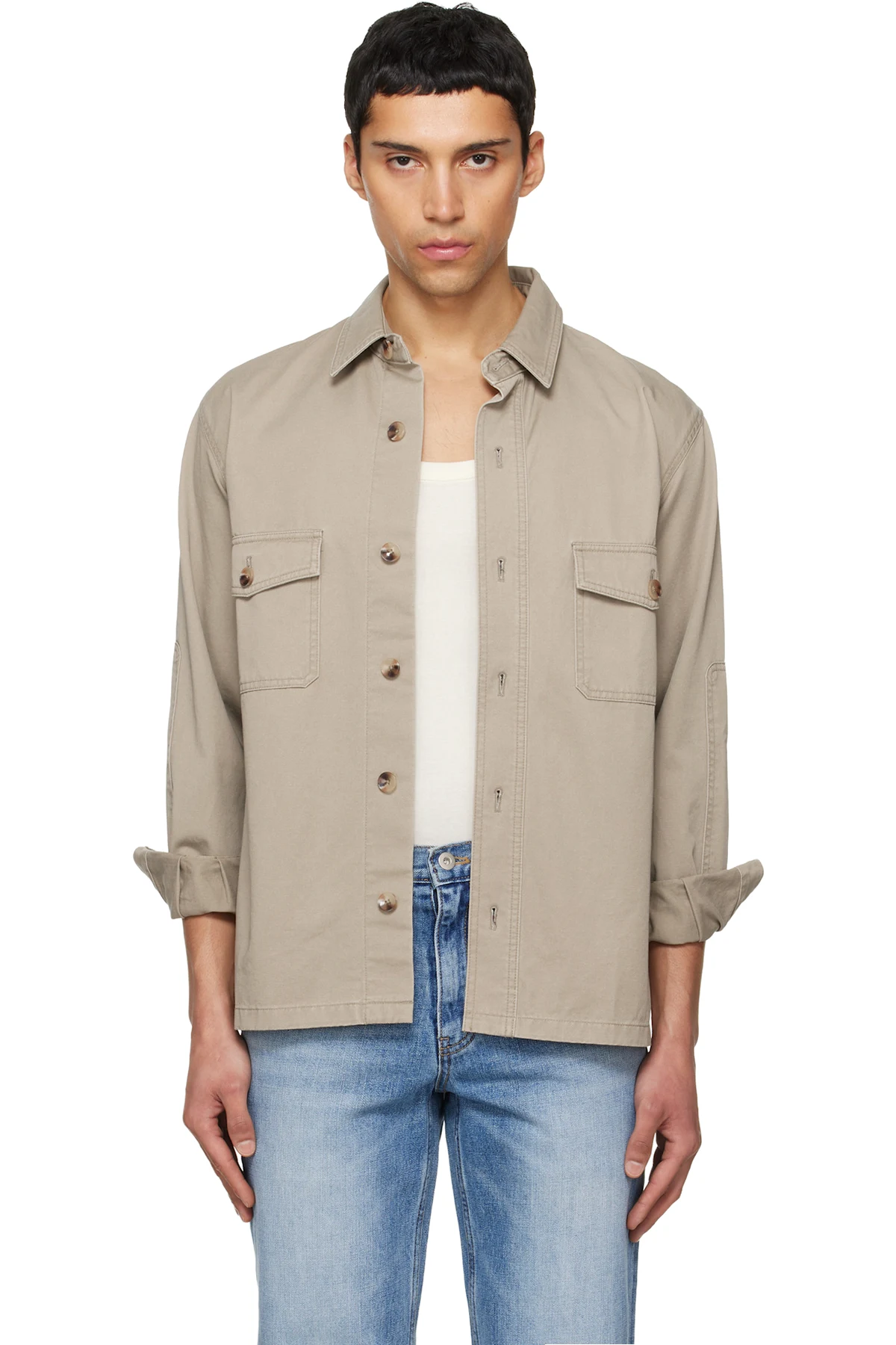 Beige Washed Cotton Twill Overshirt