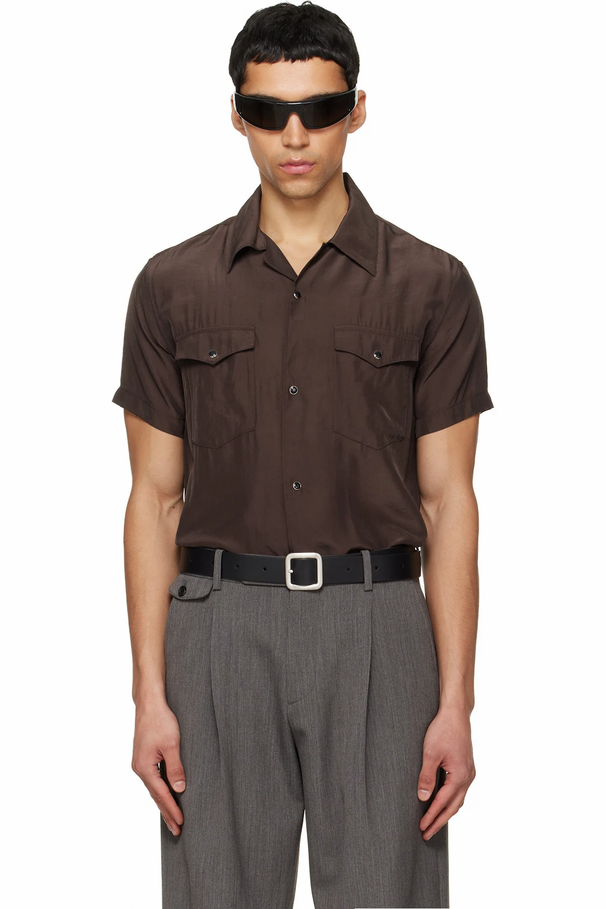 Brown Washed Rayon Pearl Snap Shirt