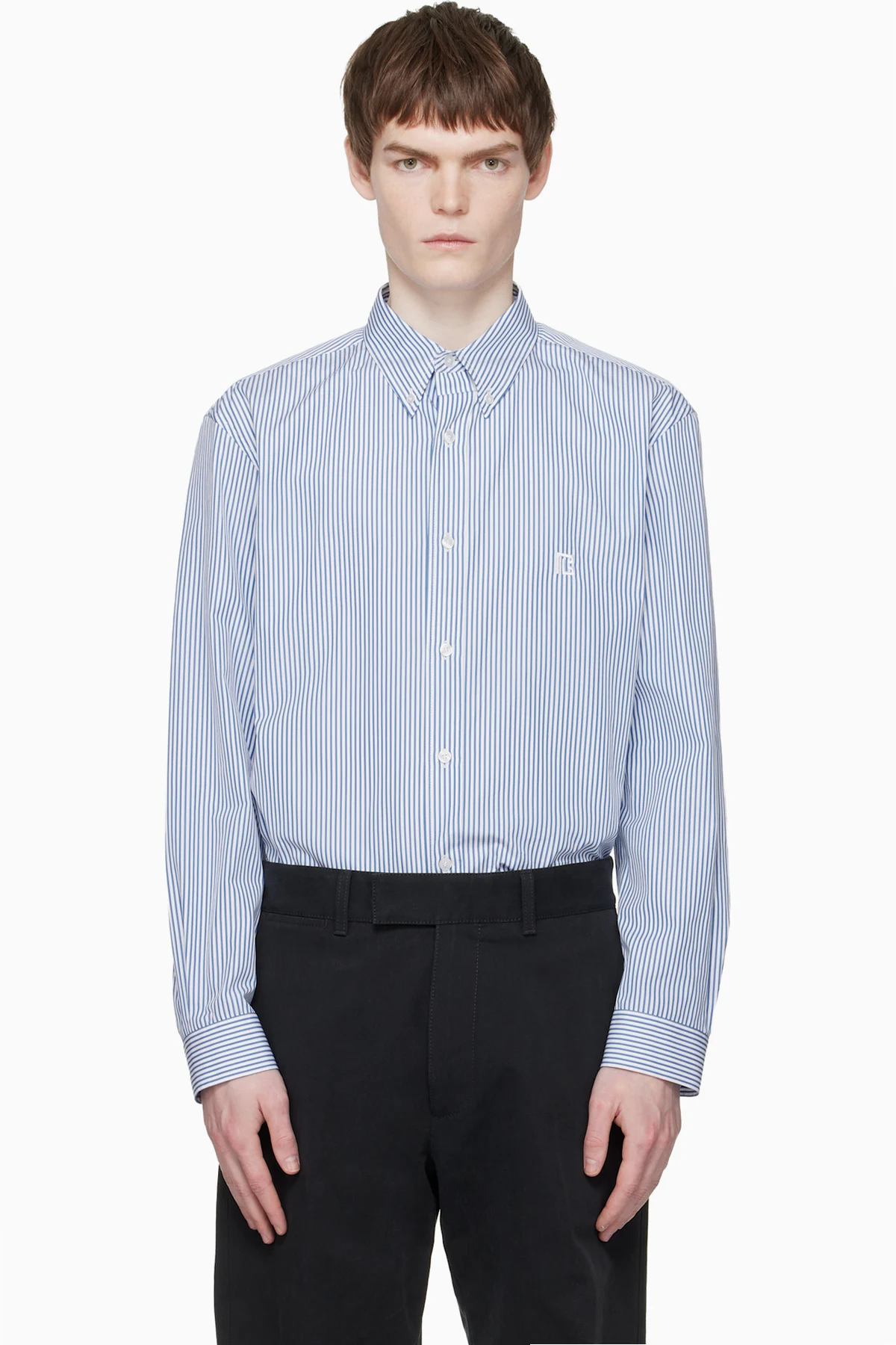 Blue & White Embroidered Pinstripe Popeline Regular Shirt