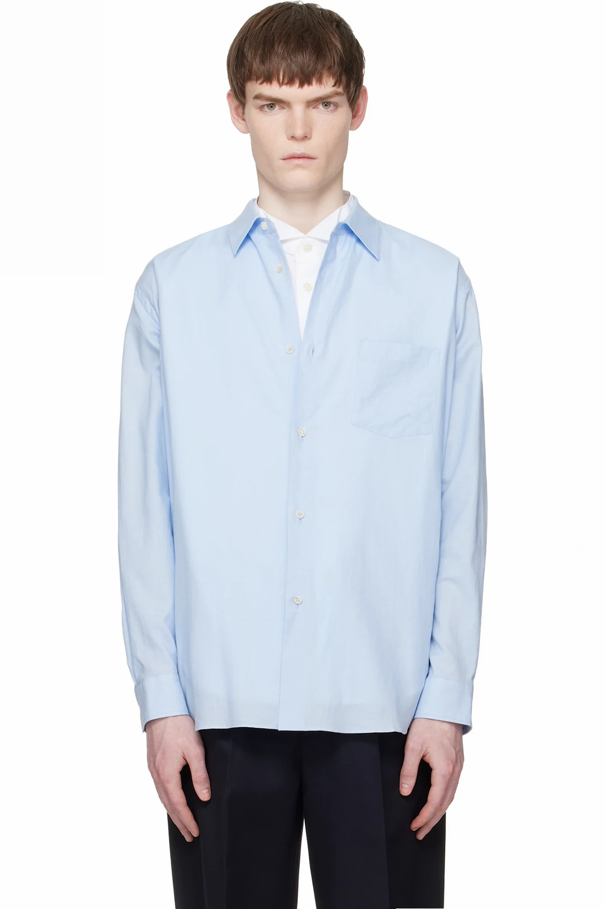 Blue Cotton Silk Oversized Regular Collar Shirt