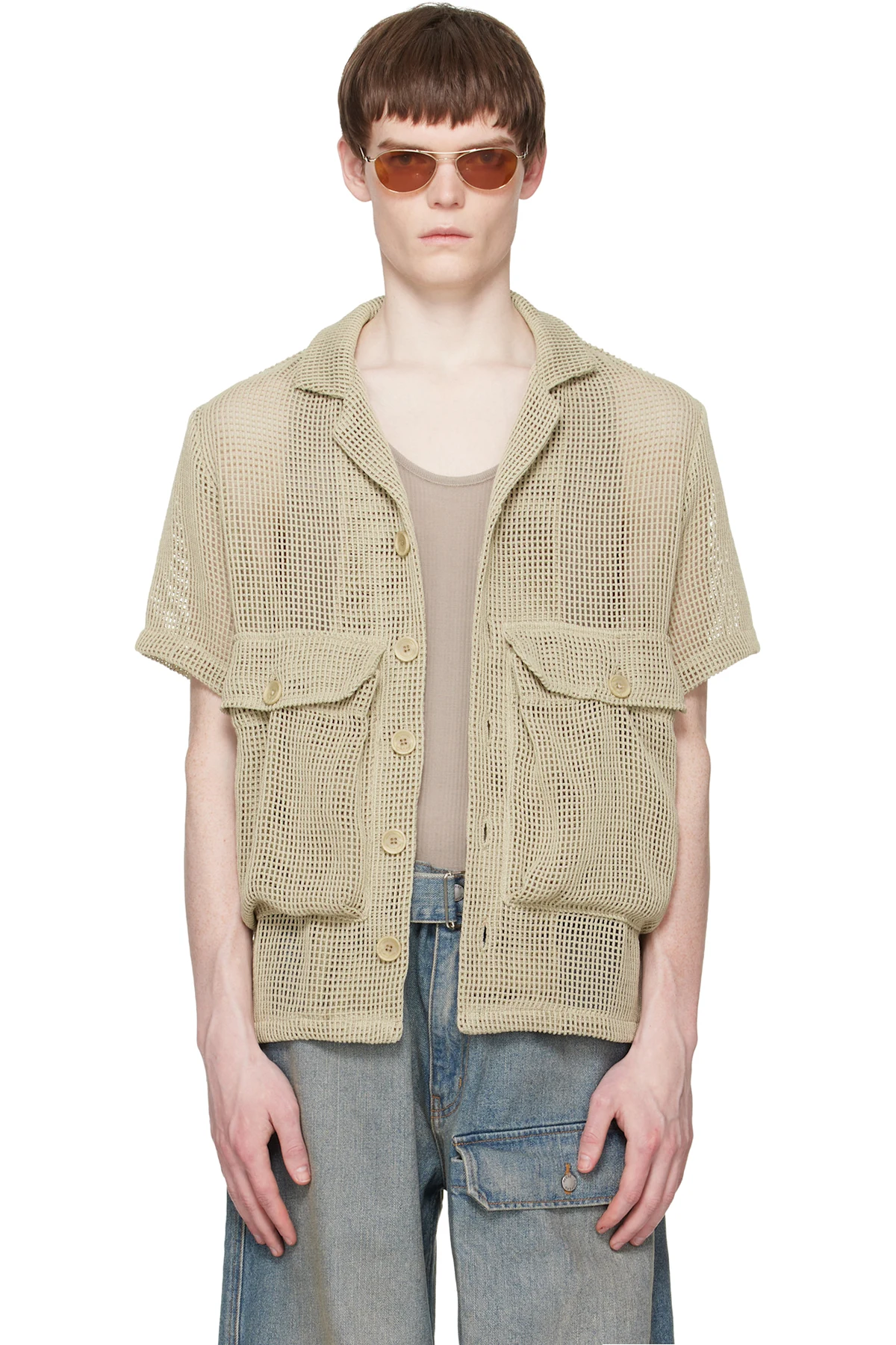 Khaki Crochet Knit Short Sleeve Cargo Shirt