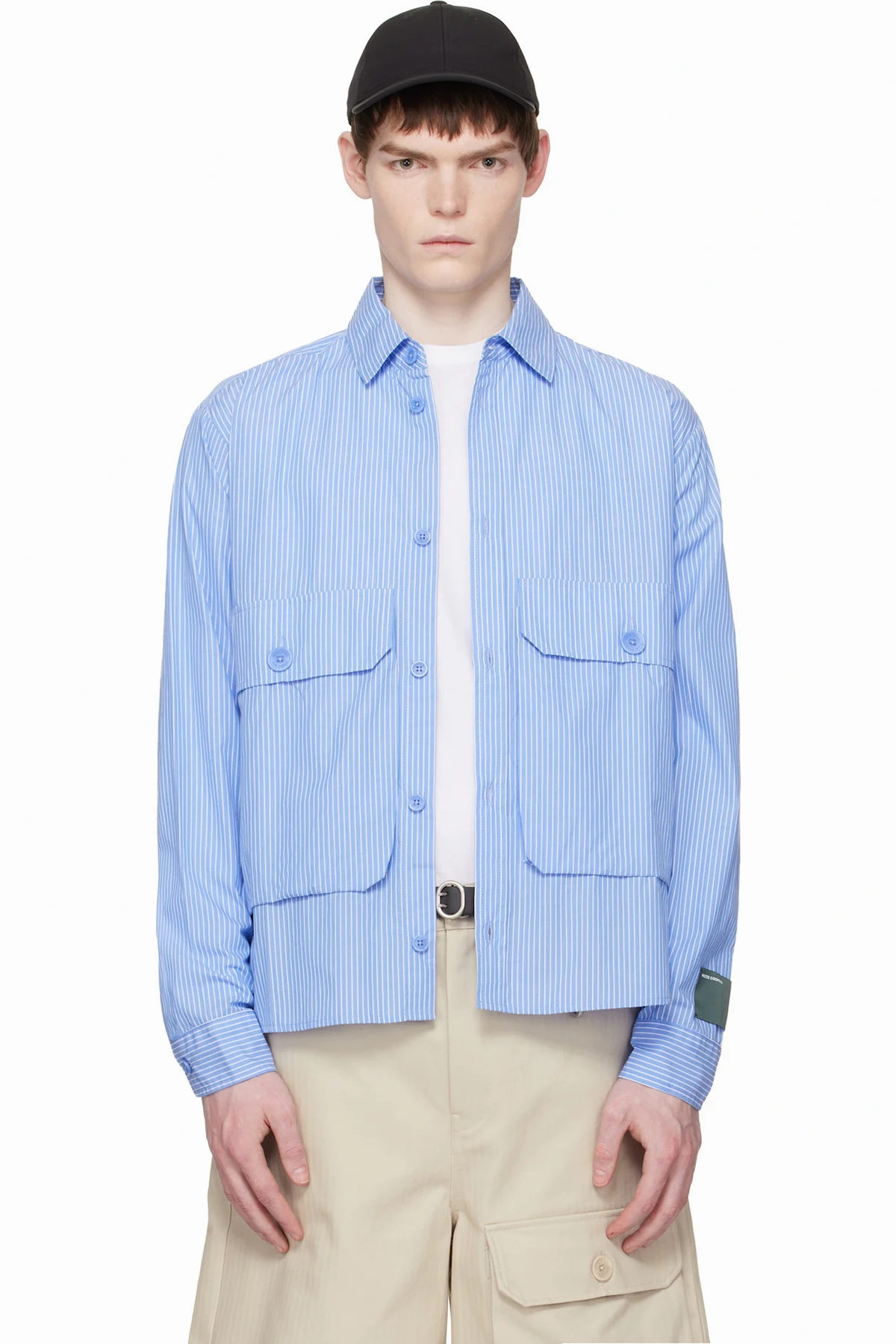 Blue Cotton Chambray Cargo Button Down Shirt