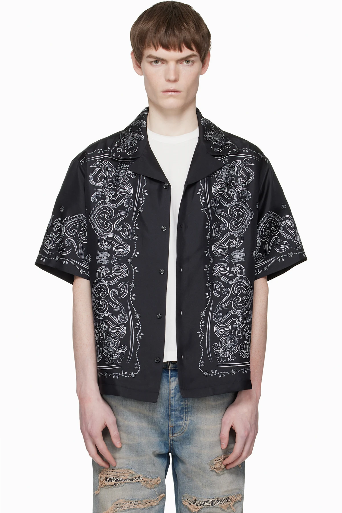 Black Bandana Paint Oversized Bowling Shirt