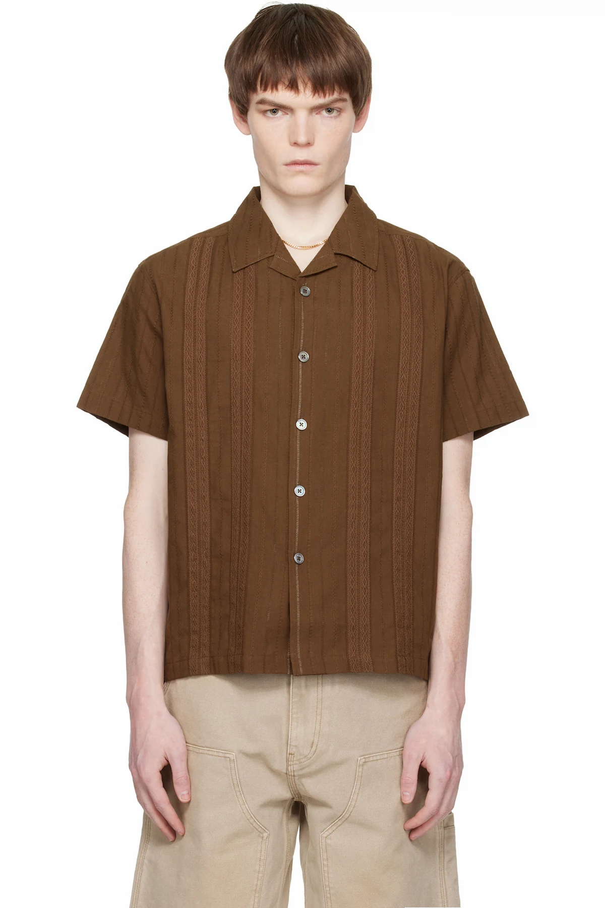 Brown Guayabera Tape Half Shirt