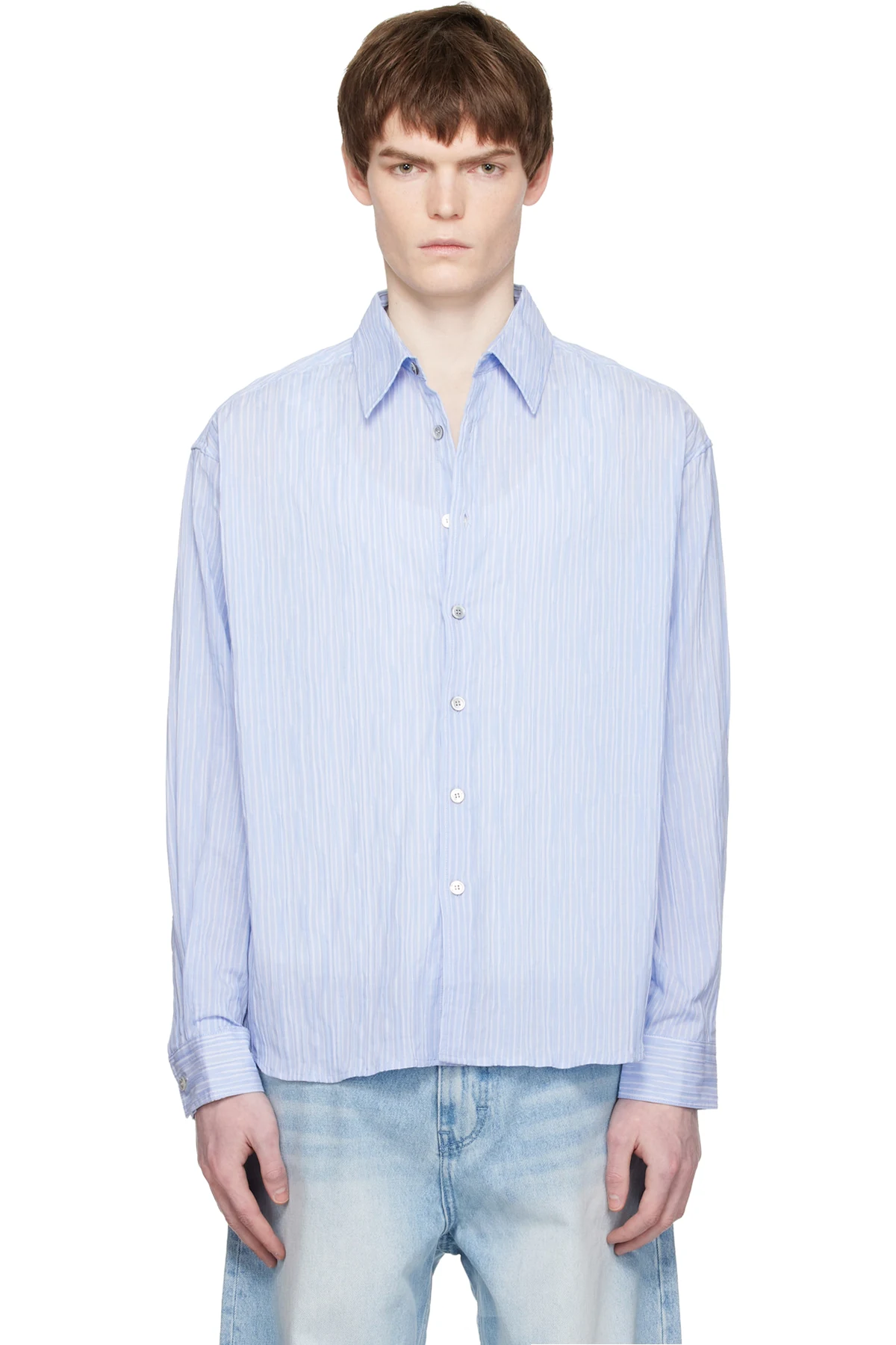 Blue Semi-Overfit Wrinkle Stripe Shirt
