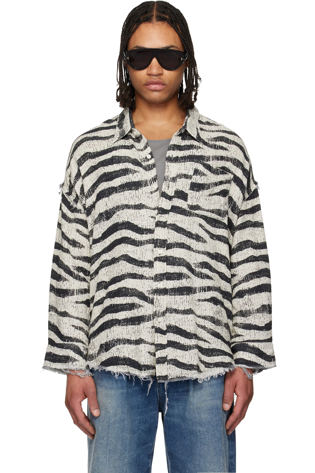 Black & White Shredded Seam Drop Neck Shirt