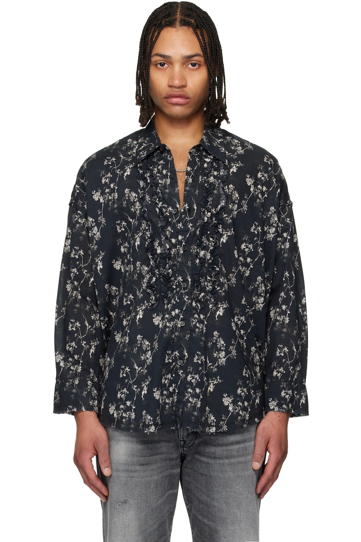 Black Shredded Seam Ruffle Shirt