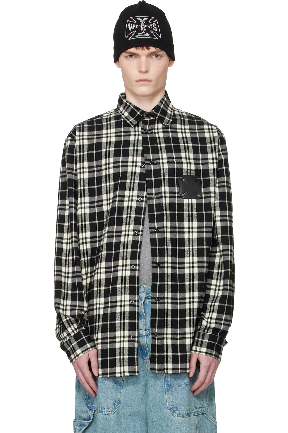 Black & White Leather Cross Flannel Shirt
