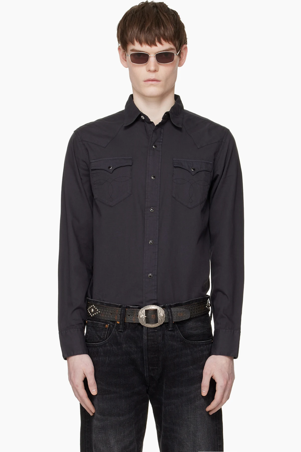 Black Slim Fit Twill Western Shirt