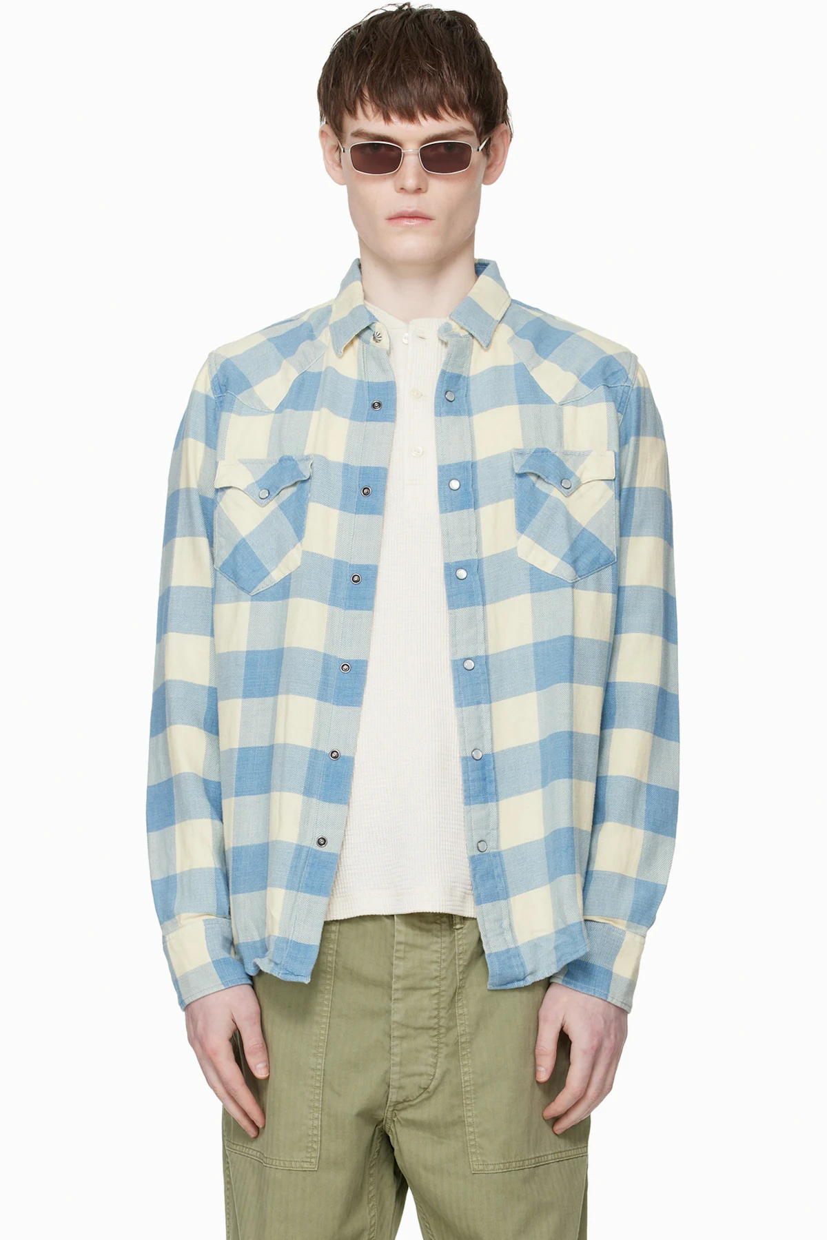 Blue & Off-White Slim Fit Plaid Twill Western Shirt