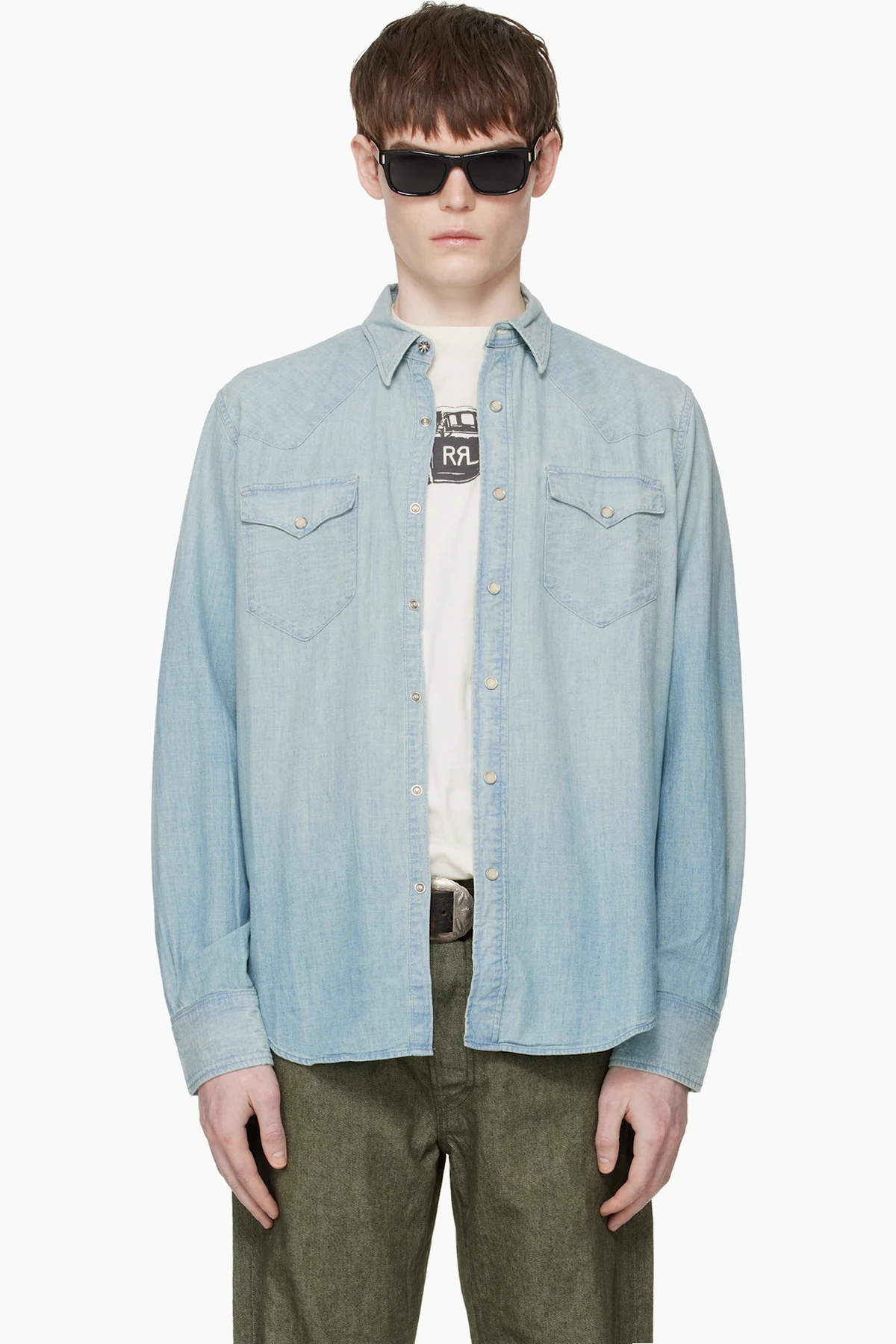 Blue Slim Fit Chambray Western Shirt