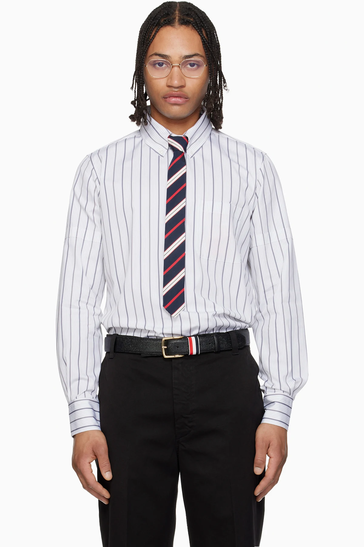 Gray & White Straight Fit Pop Over Self Armband Shirt