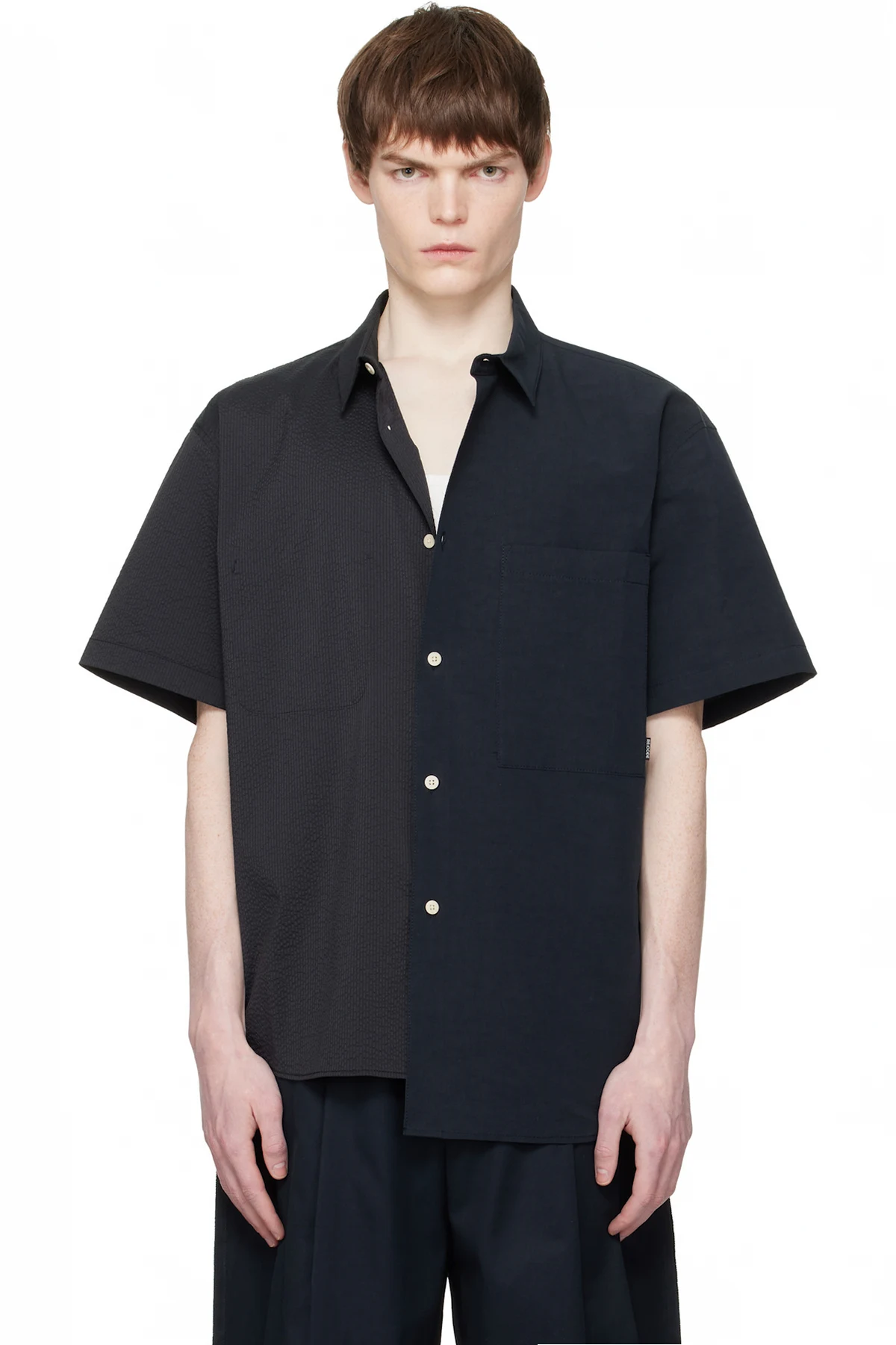 Navy Split Short Sleeve Seersucker Shirt
