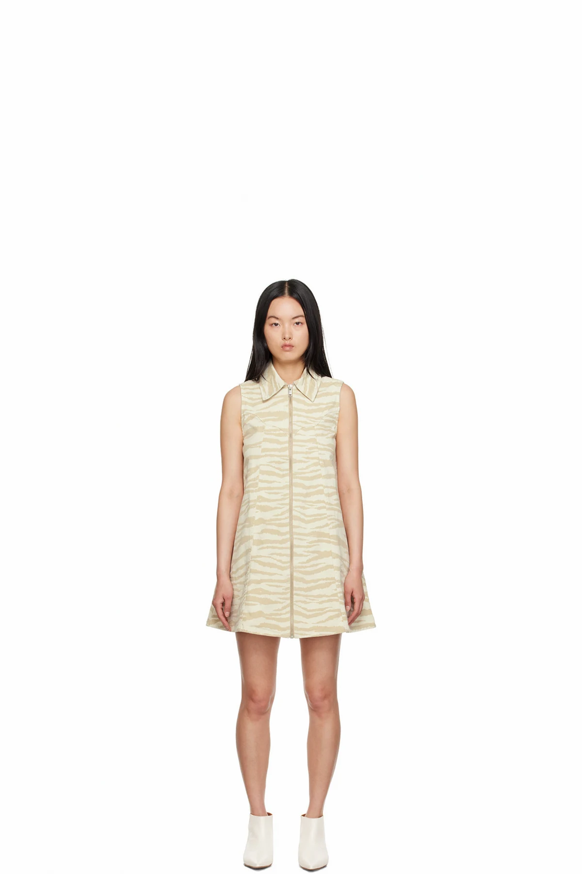 Beige Printed Denim Minidress