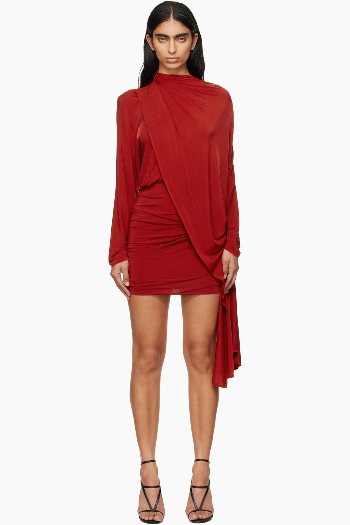 Red Long-Sleeve Cape-Effect Minidress