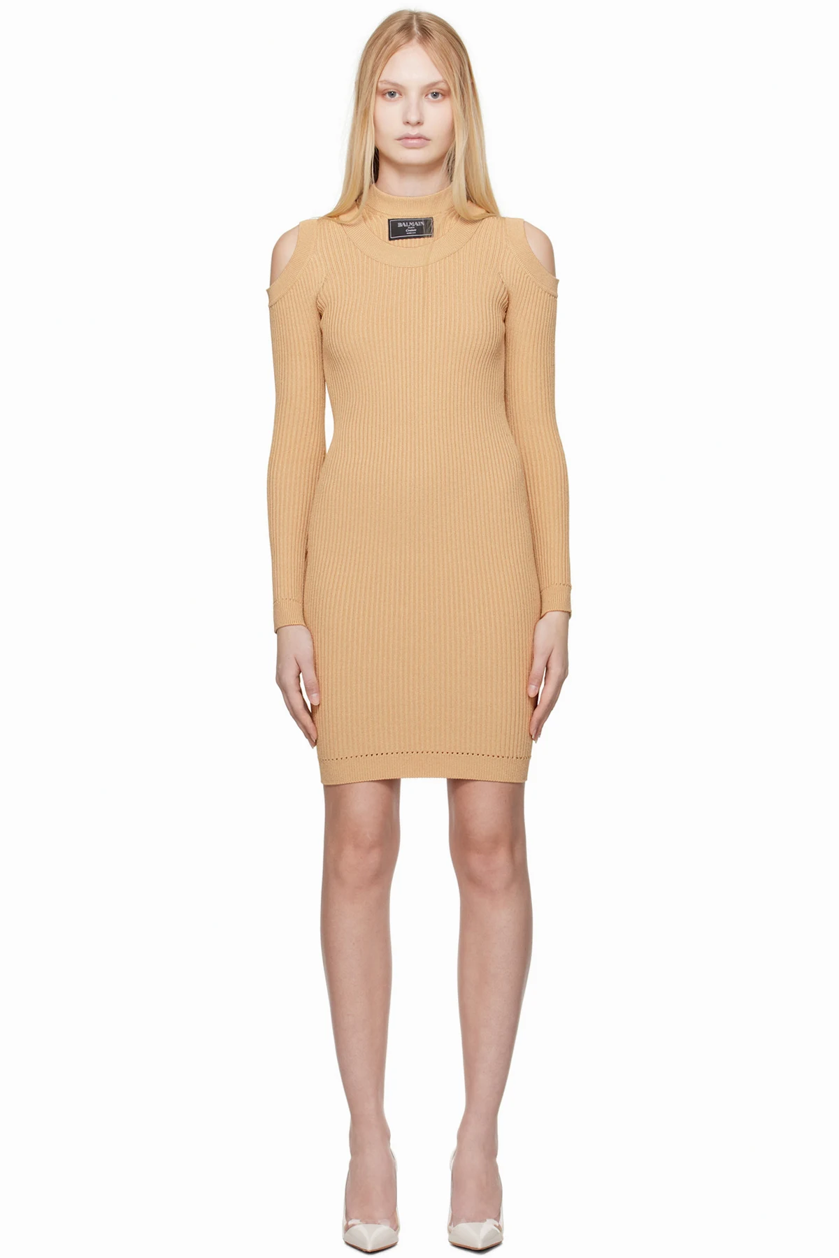 Beige Shoulder Cut Knit Minidress