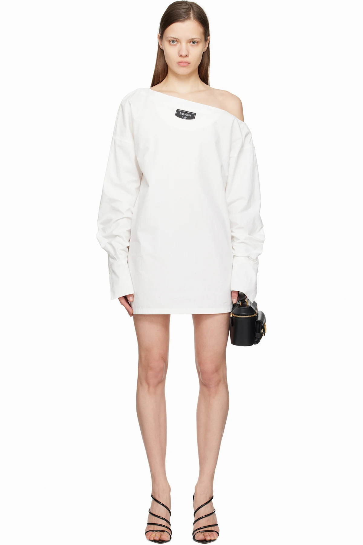White Open Neck Asymmetric Shirt Minidress