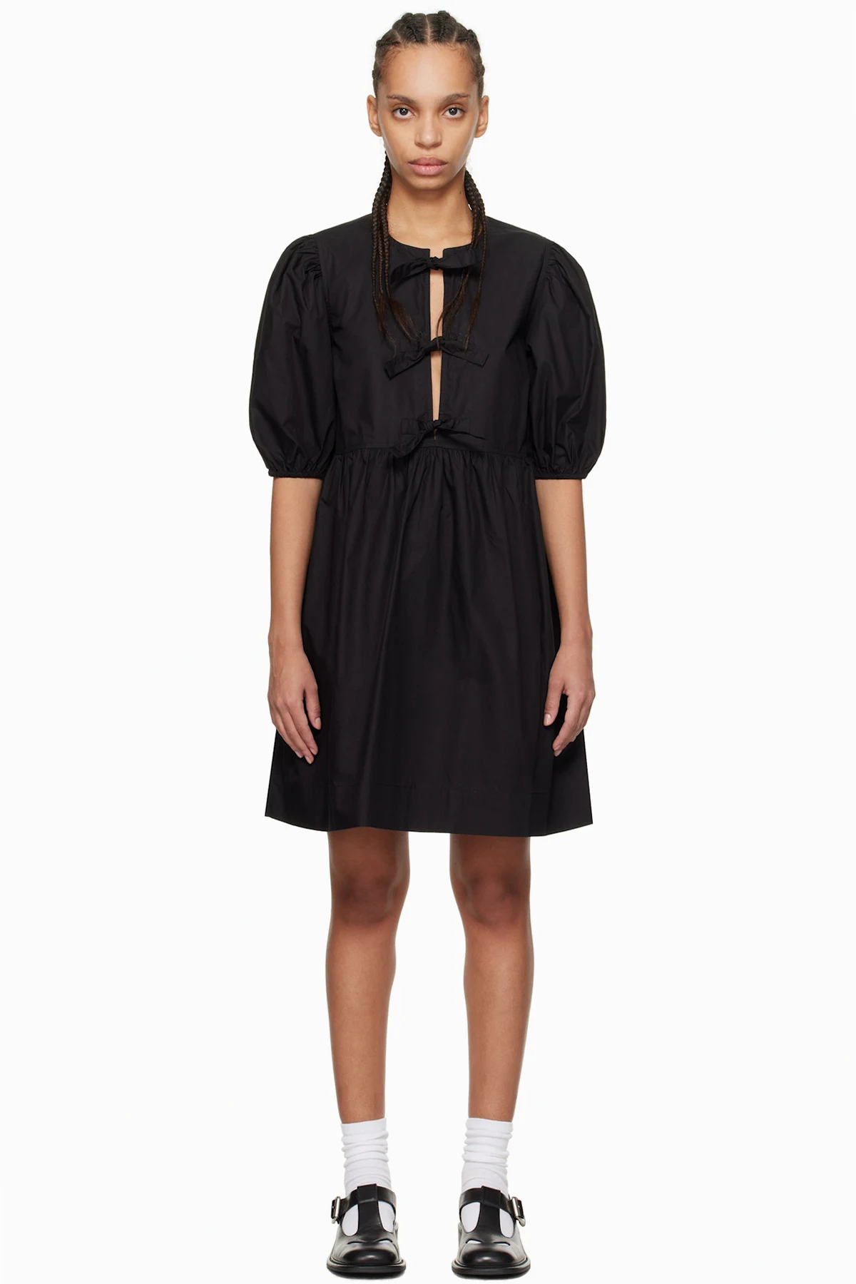 Black Cotton Poplin Tie String Minidress
