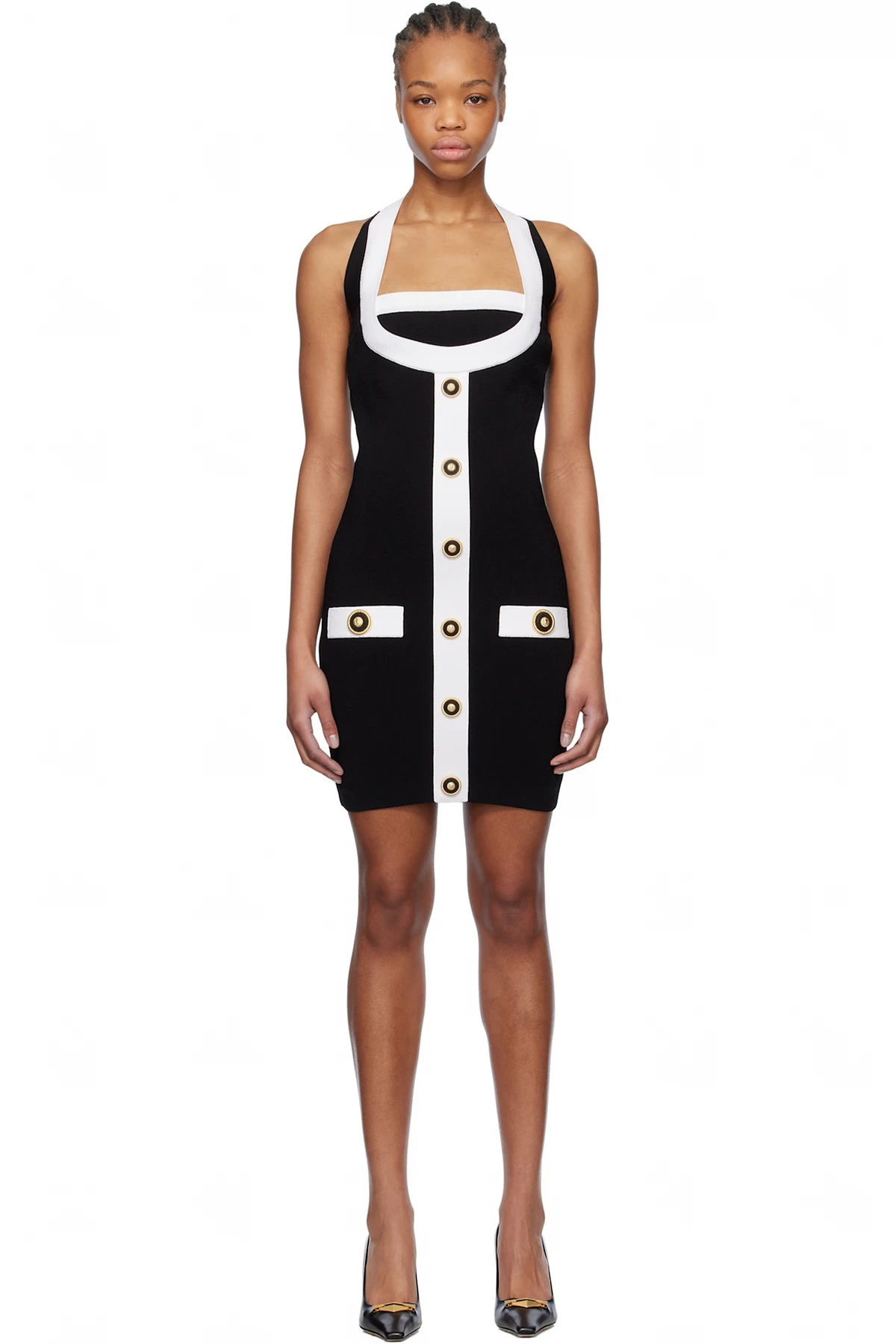 Black & White Two-Tone Halterneck Knit Minidress